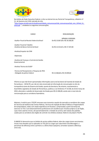 No âmbito do Poder Executivo Federal, o sítio na internet do seu Portal da Transparência, o Boletim nº
51, de fevereiro de 2.010, extraído do sítio
“http://www.servidor.gov.br/publicacao/tabela_remuneracao/tab_remuneracao/tab_rem_10/tab_51_
2010.pdf “, estabelece as seguintes remunerações:




                         CARGO                                        REMUNERAÇÃO

                                                                    MÍNIMA X MÁXIMA
-Auditor-Fiscal da Receita Federal do Brasil          De R$ 13.067,00 a R$ 18.260,00

-Auditor-Fiscal do Trabalho
-Analista do Banco Central do Brasil                  De R$ 12.413,65 a R$ 17.347,00

-Analista/Inspetor da CVM

-Diplomata

-Analista de Finanças e Controle de Gestão
Governamental

-Analista Técnico da SUSEP

-Técnico de Planejamento e Pesquisa do IPEA
- Delegado da polícia Federal                         R$ 13.368,68 a R$ 19.699,82




Informa-se que não foram apresentadas informações acerca da Secretaria da Fazenda do Estado de
Pernambuco – SEFAZ-PE, por não ter sido encontrado tal informação de remuneração no sítio da
transparência tanto do Governo do Estado, quanto da Secretaria. No entanto, recentemente a
Assembléia Legislativa do Estado de Pernambuco, publicou a Lei Ordinária nº 14.018, de 26 de março de
2010, alterando o subsídio do Governador do Estado para R$ 22.406,00, sendo este o novo teto de
remuneração para os servidores fazendários.




Ademais, é notório que o TCE/PE remunera sem isonomia e aquém do mercado os servidores dos cargos
de Técnicos de Auditoria das Contas Públicas, Técnicos de Inspeção de Obras Públicas e Programadores
de Computadores, todos com ampla experiência em fiscalizar, comprovadas a partir do tempo de
exercício no TCE e com desenvolvimento profissional com excelência por iniciativa própria ou do Órgão,
cujos níveis salariais iniciais, até aproximadamente a metade da carreira, bem abaixo dos padrões
usados para os servidores dos órgãos de controle nos âmbitos estadual, federal e do próprio TCE/PE.




O ANEXO IV demonstra que no âmbito do serviço público federal, além dos cargos terem vencimentos
iniciais mais elevados que os aplicados no TCE para os cargos que subscrevem esta Mensagem, o
percentual de diferença entre a primeira e a última faixa é pequeno, tornando razoável a diferença
entre elas.


                                                                                                    26
 