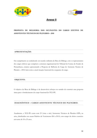 Anexo II


PROPOSTA DE MELHORIA DOS OCUPANTES DO CARGO EFETIVO DE
ASSISTENTES TÉCNICOS DE PLENÁRIO – 2010




APRESENTAÇÃO:




Em cumprimento ao estabelecido em reunião ordinária da Mesa de Diálogo, com os representantes
dos cargos efetivos que compõem a estrutura organizacional do Tribunal de Contas do Estado de
Pernambuco, estamos apresentando a Proposta de Melhoria do Cargo de Assistente Técnico de
Plenário – 2010, bem como a atual situação funcional dos ocupantes do cargo.




OBJETIVO:




O objetivo da Mesa de Diálogo é de desenvolver esforços no sentido de construir uma proposta
única para o fortalecimento do corpo funcional do TCE-PE.




DIAGNÓSTICO – CARGO ASSISTENTE TÉCNICO DE PLENÁRIO:




Atualmente, o TCE-PE conta com 23 (vinte e três) Assistentes Técnicos de Plenário-ATPs, na
ativa, distribuídos nos atuais Padrões de Vencimento D.6 a D.10, com tempo de efetivo exercício
em torno de 18 a 25 anos.




                                                                                            32
 