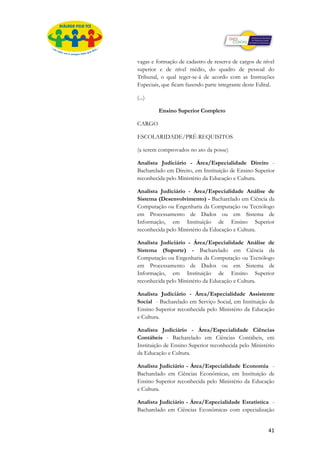 vagas e formação de cadastro de reserva de cargos de nível
                       superior e de nível médio, do quadro de pessoal do
                       Tribunal, o qual reger-se-á de acordo com as Instruções
                       Especiais, que ficam fazendo parte integrante deste Edital.

                       (...)

INSTRUÇÕES ESPECIAIS            Ensino Superior Completo

                       CARGO

                       ESCOLARIDADE/PRÉ-REQUISITOS

                       (a serem comprovados no ato da posse)

                       Analista Judiciário - Área/Especialidade Direito -
                       Bacharelado em Direito, em Instituição de Ensino Superior
                       reconhecida pelo Ministério da Educação e Cultura.

                       Analista Judiciário - Área/Especialidade Análise de
                       Sistema (Desenvolvimento) - Bacharelado em Ciência da
                       Computação ou Engenharia da Computação ou Tecnólogo
                       em Processamento de Dados ou em Sistema de
                       Informação, em Instituição de Ensino Superior
                       reconhecida pelo Ministério da Educação e Cultura.

                       Analista Judiciário - Área/Especialidade Análise de
                       Sistema (Suporte) - Bacharelado em Ciência da
                       Computação ou Engenharia da Computação ou Tecnólogo
                       em Processamento de Dados ou em Sistema de
                       Informação, em Instituição de Ensino Superior
                       reconhecida pelo Ministério da Educação e Cultura.

                       Analista Judiciário - Área/Especialidade Assistente
                       Social - Bacharelado em Serviço Social, em Instituição de
                       Ensino Superior reconhecida pelo Ministério da Educação
                       e Cultura.

                       Analista Judiciário - Área/Especialidade Ciências
                       Contábeis - Bacharelado em Ciências Contábeis, em
                       Instituição de Ensino Superior reconhecida pelo Ministério
                       da Educação e Cultura.

                       Analista Judiciário - Área/Especialidade Economia -
                       Bacharelado em Ciências Econômicas, em Instituição de
                       Ensino Superior reconhecida pelo Ministério da Educação
                       e Cultura.

                       Analista Judiciário - Área/Especialidade Estatística -
                       Bacharelado em Ciências Econômicas com especialização


                                                                               41
 