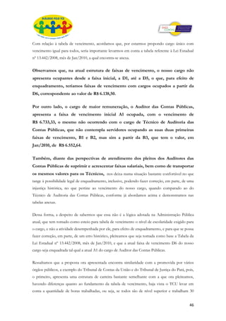 Com relação à tabela de vencimento, acordamos que, por estarmos propondo cargo único com
vencimento igual para todos, seria importante levarmos em conta a tabela referente à Lei Estadual
nº 13.442/2008, mês de Jan/2010, a qual encontra-se anexa.


Observamos que, na atual estrutura de faixas de vencimento, o nosso cargo não
apresenta ocupantes desde a faixa inicial, a D1, até a D5, o que, para efeito de
enquadramento, teríamos faixas de vencimento com cargos ocupados a partir da
D6, correspondente ao valor de R$ 6.138,50.

Por outro lado, o cargo de maior remuneração, o Auditor das Contas Públicas,
apresenta a faixa de vencimento inicial A1 ocupada, com o vencimento de
R$ 6.733,33, o mesmo não ocorrendo com o cargo de Técnico de Auditoria das
Contas Públicas, que não contempla servidores ocupando as suas duas primeiras
faixas de vencimento, B1 e B2, mas sim a partir da B3, que tem o valor, em
Jan/2010, de R$ 6.552,64.

Também, diante das perspectivas de atendimento dos pleitos dos Auditores das
Contas Públicas de suprimir e acrescentar faixas salariais, bem como de transportar
os mesmos valores para os Técnicos, nos deixa numa situação bastante confortável no que
tange à possibilidade legal de enquadramento, inclusive, podendo fazer correção, em parte, de uma
injustiça histórica, no que pertine ao vencimento do nosso cargo, quando comparado ao do
Técnico de Auditoria das Contas Públicas, conforme já abordamos acima e demonstramos nas
tabelas anexas.

Dessa forma, a despeito de sabermos que essa não é a lógica adotada na Administração Pública
atual, que tem tomado como esteio para tabela de vencimento o nível de escolaridade exigido para
o cargo, e não a atividade desempenhada por ele, para efeito de enquadramento, e para que se possa
fazer correção, em parte, de um erro histórico, pleiteamos que seja tomada como base a Tabela da
Lei Estadual nº 13.442/2008, mês de Jan/2010, e que a atual faixa de vencimento D6 do nosso
cargo seja enquadrada tal qual a atual A1 do cargo de Auditor das Contas Públicas.

Ressaltamos que a proposta ora apresentada encontra similaridade com a promovida por vários
órgãos públicos, a exemplo do Tribunal de Contas da União e do Tribunal de Justiça do Pará, pois,
o primeiro, apresenta uma estrutura de carreira bastante semelhante com a que ora pleiteamos,
havendo diferenças quanto ao fundamento da tabela de vencimento, haja vista o TCU levar em
conta a quantidade de horas trabalhadas, ou seja, se todos são de nível superior e trabalham 30


                                                                                               46
 