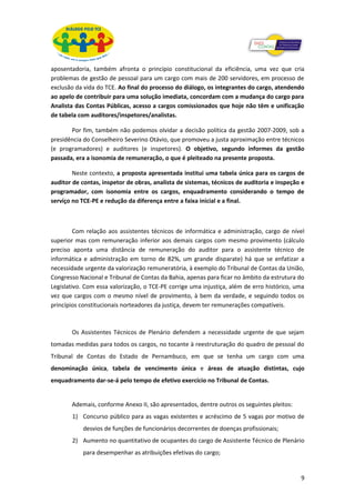 aposentadoria, também afronta o princípio constitucional da eficiência, uma vez que cria
problemas de gestão de pessoal para um cargo com mais de 200 servidores, em processo de
exclusão da vida do TCE. Ao final do processo do diálogo, os integrantes do cargo, atendendo
ao apelo de contribuir para uma solução imediata, concordam com a mudança do cargo para
Analista das Contas Públicas, acesso a cargos comissionados que hoje não têm e unificação
de tabela com auditores/inspetores/analistas.

       Por fim, também não podemos olvidar a decisão política da gestão 2007-2009, sob a
presidência do Conselheiro Severino Otávio, que promoveu a justa aproximação entre técnicos
(e programadores) e auditores (e inspetores). O objetivo, segundo informes da gestão
passada, era a isonomia de remuneração, o que é pleiteado na presente proposta.

        Neste contexto, a proposta apresentada institui uma tabela única para os cargos de
auditor de contas, inspetor de obras, analista de sistemas, técnicos de auditoria e inspeção e
programador, com isonomia entre os cargos, enquadramento considerando o tempo de
serviço no TCE-PE e redução da diferença entre a faixa inicial e a final.



         Com relação aos assistentes técnicos de informática e administração, cargo de nível
superior mas com remuneração inferior aos demais cargos com mesmo provimento (cálculo
preciso aponta uma distância de remuneração do auditor para o assistente técnico de
informática e administração em torno de 82%, um grande disparate) há que se enfatizar a
necessidade urgente da valorização remuneratória, à exemplo do Tribunal de Contas da União,
Congresso Nacional e Tribunal de Contas da Bahia, apenas para ficar no âmbito da estrutura do
Legislativo. Com essa valorização, o TCE-PE corrige uma injustiça, além de erro histórico, uma
vez que cargos com o mesmo nível de provimento, à bem da verdade, e seguindo todos os
princípios constitucionais norteadores da justiça, devem ter remunerações compatíveis.



       Os Assistentes Técnicos de Plenário defendem a necessidade urgente de que sejam
tomadas medidas para todos os cargos, no tocante à reestruturação do quadro de pessoal do
Tribunal de Contas do Estado de Pernambuco, em que se tenha um cargo com uma
denominação única, tabela de vencimento única e áreas de atuação distintas, cujo
enquadramento dar-se-á pelo tempo de efetivo exercício no Tribunal de Contas.


       Ademais, conforme Anexo II, são apresentados, dentre outros os seguintes pleitos:
       1) Concurso público para as vagas existentes e acréscimo de 5 vagas por motivo de
           desvios de funções de funcionários decorrentes de doenças profissionais;
       2) Aumento no quantitativo de ocupantes do cargo de Assistente Técnico de Plenário
           para desempenhar as atribuições efetivas do cargo;


                                                                                            9
 