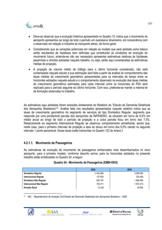 107



     •    Deve-se observar que a evolução histórica apresentada no Quadro 15, indica que o movimento do
          aeroporto apresentou ao longo de todo o período um expressivo dinamismo, em consonância com
          o observado em relação à indústria do transporte aéreo, de forma geral.
     •    Considerando que as variações potenciais em relação ao modelo que será adotado como básico
          serão resultantes de hipóteses bem definidas que constituirão as condições de evolução do
          movimento futuro, entende-se não ser necessário apresentar estimativas relativas às hipóteses
          pessimista e otimista adotadas naquele trabalho, ou seja, serão aqui consideradas as estimativas
          médias de projeção.
     •    A projeção de volume médio de tráfego para o último horizonte considerado, não está
          contemplada naquele estudo e sua estimação será feita a partir da análise do comportamento das
          taxas médias de crescimento geométrico apresentadas para os intervalos de tempo entre os
          horizontes adotados naquele estudo e o comportamento observado na evolução das taxas médias
          de crescimento geométrico estimadas para cada intervalo entre os horizontes do PDir será
          replicado para o período seguinte ao último horizonte. Com isso, pretende-se manter a mesma lei
          de formação observada no trabalho.



As estimativas aqui adotadas foram extraídas diretamente do Relatório do “Estudo de Demanda Detalhada
dos Aeroportos Brasileiros”31. Análise feita nos resultados apresentados naquele relatório indica que as
taxas de crescimento geométrico do segmento de serviços do tipo Doméstico Regular, segmento que
responde por uma ponderável parcela dos aeroportos da INFRAERO, se situaram em torno de 6,6% em
média anual ao longo de todo o período de projeção e a outra parcela ficou em torno dos 7,5%.
Relativamente ao segmento Internacional Regular se observou comportamento semelhante, sendo que,
neste caso, para o primeiro intervalo de projeção a taxa se situou em torno dos 6,5% caindo no segundo
intervalo 1 ponto percentual. Essas taxas estão transcritas no Quadro 123 do Anexo I.


4.2.1.1. Movimento de Passageiros

As estimativas de evolução do movimento de passageiros embarcados mais desembarcados no novo
aeroporto, para o primeiro modelo, conforme descrito acima, para os horizontes adotados no presente
trabalho estão sintetizadas no Quadro 24, a seguir:
                              Quadro 24 - Movimento de Passageiros (EMB+DES)

                                                                   2020                                 2030
Doméstico Regular                                                      2.443.980                               5.085.695
Internacional Regular                                                    137.605                                 230.499
Doméstico Não Regular                                                     835.797                              1.856.585
Internacional Não Regular                                                 763.411                              1.591.410
Aviação Geral                                                              12.329                                25.802


31   IAC - Departamento de Aviação Civil Estudo de Demanda Detalhada dos Aeroportos Brasileiro – 2005




                                                           CELP
                                             Consultoria Técnica Comercial Ltda
 