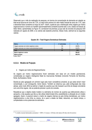 123



Observado que o mês de realização da pesquisa, em termos de concentração de demanda em relação ao
total anual situa-se em torno de 7,3%, ou seja muito próximo do valor médio mensal de cerca de 7,7%, caso
a demanda fosse constante ao longo do ano33. Assim, supõe-se que a distribuição entre viagens por motivo
negócios/outros e turismo se mantém aproximadamente constante durante todo o ano. Dados do Estudo do
Setor Aéreo, apresentados na Figura 10, corroboram tal premissa, já que são de oriundos de pesquisa O/D
realizada em agosto de 2009, e os valores são bastante próximos. Desse modo, estimam-se os seguintes
valores:


                                  Quadro 36 – Total Viagens Domésticas Estimadas

 Motivo                                                                                nº. entrevistas     %
 Viagens nacionais com motivo negócios e outros                                             145          46,93%
 Viagens nacionais com motivo turismo(individual e grupo)                                   164          53,07%
 Total                                                                                      309           100%
 Motivo negócios e outros                                                                                588.461
 Motivo turismo                                                                                          665.570
Fonte: CELP



4.2.2.2. Modelo de Projeção


      •   Viagens por motivo de Negócios/Outros

As viagens por motivo negócios/outros foram estimadas com base em um modelo gravitacional,
consideradas as viagens interligando Natal às macrozonas Nordeste (incluindo Fernando de Noronha),
Norte, Sul/Sudeste e Norte.

Decidiu-se pela agregação em primeiro lugar pela maior consistência amostral, já que estes teriam maior
concentração, e, por conseguinte, menor desvio. Também se observou que, pela configuração das rotas
aéreas, seria muito difícil se estimar o trajeto de usuários que não tivessem sua linha de desejo coincidente
com uma linha regular, não se podendo precisar o ponto de conexão.

Ressalte-se que o objetivo deste modelo é a estimativa do número de usuários que efetivamente utiliza o
aeroporto, e não aqueles que irão ou não utilizar determinada linha, possibilitando a utilização de um modelo
agregado. Assim, é possível reduzir a matriz de viagens internas ao país (linhas domésticas), por motivo
negócios/outros a uma linha ou coluna, de e para a cidade de Natal, reduzindo, ao mesmo tempo, a
complexidade e erros potenciais de estimativa.




33
     % médio mensal (demanda constante) = 100%/ 12 meses / (30 dias mês típico/28 dias mês fevereiro)



                                                                CELP
                                                  Consultoria Técnica Comercial Ltda
 