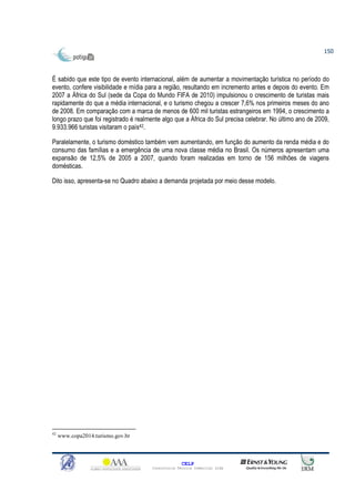 150



É sabido que este tipo de evento internacional, além de aumentar a movimentação turística no período do
evento, confere visibilidade e mídia para a região, resultando em incremento antes e depois do evento. Em
2007 a África do Sul (sede da Copa do Mundo FIFA de 2010) impulsionou o crescimento de turistas mais
rapidamente do que a média internacional, e o turismo chegou a crescer 7,6% nos primeiros meses do ano
de 2008. Em comparação com a marca de menos de 600 mil turistas estrangeiros em 1994, o crescimento a
longo prazo que foi registrado é realmente algo que a África do Sul precisa celebrar. No último ano de 2009,
9.933.966 turistas visitaram o país42.

Paralelamente, o turismo doméstico também vem aumentando, em função do aumento da renda média e do
consumo das famílias e a emergência de uma nova classe média no Brasil. Os números apresentam uma
expansão de 12,5% de 2005 a 2007, quando foram realizadas em torno de 156 milhões de viagens
domésticas.

Dito isso, apresenta-se no Quadro abaixo a demanda projetada por meio desse modelo.




42
     www.copa2014.turismo.gov.br



                                                     CELP
                                       Consultoria Técnica Comercial Ltda
 