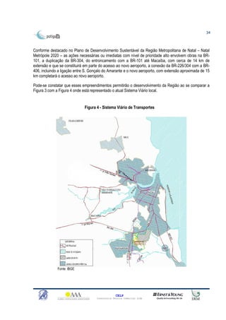 34



Conforme destacado no Plano de Desenvolvimento Sustentável da Região Metropolitana de Natal – Natal
Metrópole 2020 – as ações necessárias ou imediatas com nível de prioridade alto envolvem obras na BR-
101, a duplicação da BR-304, do entroncamento com a BR-101 até Macaíba, com cerca de 14 km de
extensão e que se constituirá em parte do acesso ao novo aeroporto, a conexão da BR-226/304 com a BR-
406, incluindo a ligação entre S. Gonçalo do Amarante e o novo aeroporto, com extensão aproximada de 15
km completará o acesso ao novo aeroporto.

Pode-se constatar que esses empreendimentos permitirão o desenvolvimento da Região ao se comparar a
Figura 3 com a Figura 4 onde está representado o atual Sistema Viário local.


                              Figura 4 - Sistema Viário de Transportes




              Fonte: IBGE




                                                   CELP
                                     Consultoria Técnica Comercial Ltda
 