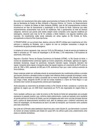 44



De acordo com levantamento feito pelos órgãos governamentais do Estado do Rio Grande do Norte, dentre
eles as Secretarias de Estado de Meio Ambiente e Recursos Hídricos, do Turismo, do Desenvolvimento
Econômico e o Instituto de Defesa do Meio Ambiente (IDEMA), mais de 240 empreendimentos turísticos
encontram-se em fase de licenciamento e implantação no Rio Grande do Norte. Estima-se que estes
empreendimentos acrescentarão mais de 60 mil residências, flats e apartamentos de hotel de diversas
categorias, estima-se que grande parte destes estejam sendo comprados como segunda residência por
estrangeiros, elevando para mais de 90 mil unidades a oferta hoteleira e de segunda residência para
nacionais. Os investimentos estão sendo realizados em várias regiões do Rio Grande do Norte,
principalmente no litoral do Pólo Costa das Dunas.

O PRODETUR/NE, em sua primeira fase, destinou cerca de US$ 670 milhões para investimentos em infra-
estrutura e marketing do Nordeste, com o objetivo de criar as condições necessárias à atração de
investimentos de grupos privados estrangeiros.

A indústria do turismo representa, hoje, cerca de 10,5% do PIB estadual. A rede de serviços de hotelaria de
Natal é composta por 197 meios de hospedagem e 26.106 leitos, 2.105 restaurantes, e 68 locadoras de
automóveis, entre outros.

Segundo o Escritório Técnico de Estudos Econômicos do Nordeste (ETENE), no Rio Grande do Norte, o
número de estabelecimentos comerciais ligados ao turismo (alojamento, alimentação, agências de viagens,
atividades recreativas, aluguel de automóveis, transporte rodoviário regular, transporte rodoviário não
regular, transporte aéreo regular e transporte aéreo não regular) registrou um crescimento de 68,7% entre os
anos de 1994 e 2003, passando de 689 para 4.376, devendo-se frisar que o setor continua evoluindo de
forma dinâmica.

Essas mudanças podem ser verificadas através do acompanhamento dos investimentos públicos e privados
que buscam promover a atividade turística na região e tem influência direta na geração de emprego e renda.
Segundo dados levantados os hotéis e pousadas são os meios de hospedagem mais utilizados pelo turista
que chega a Natal, abrigando 82,48% do total de turistas recebidos e o bairro de Ponta Negra é o que
concentra maior número de equipamentos urbanos para hospedagem.

Ainda associado ao crescimento da atividade turística no Rio Grande do Norte, constata-se o aumento das
agências de viagens que, em 2005 foram responsáveis por 76,7% das negociações de viagens feitas no
ano.

Como resultado verifica-se que o setor de turismo no Rio Grande do Norte tem apresentado uma evolução
expressiva no passado recente o que, conforme citado anteriormente, e pode ser explicado como resultante
do grande estímulo do Governo do Estado, que tem privilegiado este setor como uma das principais âncoras
para a política de desenvolvimento econômico local, além do destaque para o dinâmico crescimento dos
meios de hospedagem, da infra-estrutura de lazer e do setor de transporte, que funcionam como auxiliares
para esse crescimento.

Isso pode ser confirmado pelas estatísticas disponíveis para o setor (Quadro 8), que demonstram o aumento
do número de turistas recebidos pelo Estado em quase 50% nos últimos quatro anos, predominando entre
esses os visitantes domésticos.




                                                     CELP
                                       Consultoria Técnica Comercial Ltda
 