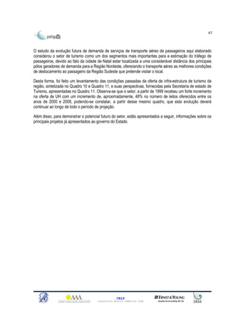47



O estudo da evolução futura da demanda de serviços de transporte aéreo de passageiros aqui elaborado
considerou o setor de turismo como um dos segmentos mais importantes para a estimação do tráfego de
passageiros, devido ao fato da cidade de Natal estar localizada a uma considerável distância dos principais
pólos geradores de demanda para a Região Nordeste, oferecendo o transporte aéreo as melhores condições
de deslocamento ao passageiro da Região Sudeste que pretende visitar o local.

Desta forma, foi feito um levantamento das condições passadas da oferta de infra-estrutura de turismo da
região, sintetizada no Quadro 10 e Quadro 11, e suas perspectivas, fornecidas pela Secretaria de estado de
Turismo, apresentadas no Quadro 11. Observa-se que o setor, a partir de 1999 recebeu um forte incremento
na oferta de UH com um incremento de, aproximadamente, 48% no número de leitos oferecidos entre os
anos de 2000 e 2008, podendo-se constatar, a partir desse mesmo quadro, que esta evolução deverá
continuar ao longo de todo o período de projeção.

Além disso, para demonstrar o potencial futuro do setor, estão apresentados a seguir, informações sobre os
principais projetos já apresentados ao governo do Estado.




                                                    CELP
                                      Consultoria Técnica Comercial Ltda
 