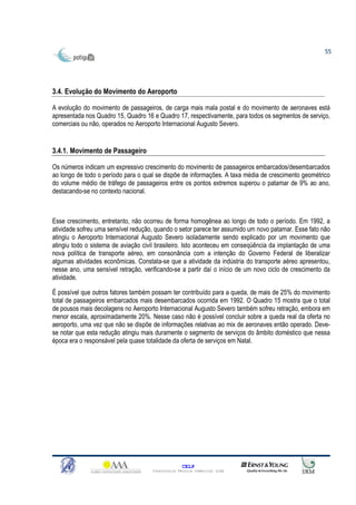 55




3.4. Evolução do Movimento do Aeroporto

A evolução do movimento de passageiros, de carga mais mala postal e do movimento de aeronaves está
apresentada nos Quadro 15, Quadro 16 e Quadro 17, respectivamente, para todos os segmentos de serviço,
comerciais ou não, operados no Aeroporto Internacional Augusto Severo.


3.4.1. Movimento de Passageiro

Os números indicam um expressivo crescimento do movimento de passageiros embarcados/desembarcados
ao longo de todo o período para o qual se dispõe de informações. A taxa média de crescimento geométrico
do volume médio de tráfego de passageiros entre os pontos extremos superou o patamar de 9% ao ano,
destacando-se no contexto nacional.



Esse crescimento, entretanto, não ocorreu de forma homogênea ao longo de todo o período. Em 1992, a
atividade sofreu uma sensível redução, quando o setor parece ter assumido um novo patamar. Esse fato não
atingiu o Aeroporto Internacional Augusto Severo isoladamente sendo explicado por um movimento que
atingiu todo o sistema de aviação civil brasileiro. Isto aconteceu em conseqüência da implantação de uma
nova política de transporte aéreo, em consonância com a intenção do Governo Federal de liberalizar
algumas atividades econômicas. Constata-se que a atividade da indústria do transporte aéreo apresentou,
nesse ano, uma sensível retração, verificando-se a partir daí o início de um novo ciclo de crescimento da
atividade.

É possível que outros fatores também possam ter contribuído para a queda, de mais de 25% do movimento
total de passageiros embarcados mais desembarcados ocorrida em 1992. O Quadro 15 mostra que o total
de pousos mais decolagens no Aeroporto Internacional Augusto Severo também sofreu retração, embora em
menor escala, aproximadamente 20%. Nesse caso não é possível concluir sobre a queda real da oferta no
aeroporto, uma vez que não se dispõe de informações relativas ao mix de aeronaves então operado. Deve-
se notar que esta redução atingiu mais duramente o segmento de serviços do âmbito doméstico que nessa
época era o responsável pela quase totalidade da oferta de serviços em Natal.




                                                   CELP
                                     Consultoria Técnica Comercial Ltda
 