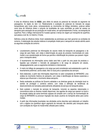 70



A área de influência direta do ASGA, para efeito do estudo do potencial de mercado do segmento de
passageiros, foi objeto do item 3.2. Relativamente à avaliação do potencial do mercado de cargas
transportáveis pelo modo aéreo, compreendendo os movimentos do tráfego doméstico, pode-se adotar
como área de influência direta o conjunto de localidades de cujos centróides se pode ter acesso ao
aeroporto para colocação de sua produção em modal aéreo, em aproximadamente 3 horas, via transporte de
superfície. Para o tráfego internacional foi mudado apenas o tempo de viagem por transporte de superfície,
que passou a ser de, no máximo, 5 horas.

Definida a área de influência direta, foram estabelecidas as premissas que iriam governar as condições de
contorno. A elaboração dos estudos relativos à competição modal para o aeroporto em estudo admitiu assim
as seguintes condições de contorno:


    •   Levantamento preliminar de informações de volume médio de transporte de passageiros e de
        carga de/ para Natal, com vistas à determinação da pauta de produtos movimentada em cada
        modal e sua caracterização de forma que permita a identificação de produtos que possam migrar
        para o transporte aéreo;
    •   O levantamento de informações acima citado será feito a partir de uma pauta de produtos e
        ligações que compõem o mercado de passageiros e de carga do aeroporto em estudo,
        desagregadamente, para os segmentos doméstico e internacional;
    •   A matriz de tráfego de passageiros e de carga que será considerada será estabelecida a partir do
        levantamento preliminar, acima citado, feito no local junto a operadores dos serviços;
    •   Será elaborada, a partir das informações disponíveis no setor competente da INFRAERO, uma
        análise do movimento histórico do aeroporto, com vistas à identificação de fatores ocasionais e
        atípicos que influenciam o movimento desse aeroporto;
    •   Serão analisadas as políticas de Governo adotadas e as diretrizes gerais de orientação local no
        sentido de privilegiar o comércio exterior, com vistas à definição de tendências de
        desenvolvimento de mercados potencialmente utilizadores de serviços de transporte aéreo;
    •   Será avaliado o mercado de serviços de transporte, incluindo os aspectos relacionados à
        concorrência entre os diversos modais disponíveis, dos agentes de carga que operam no local e
        da posição relativa de outros terminais capazes de competir com o serviço de movimentação de
        carga da INFRAERO ou provocar migração dos atuais usuários do transporte aéreo para outros
        modais;
    •   A partir das informações levantadas nas atividades acima descritas será elaborado um trabalho
        com o objetivo de quantificar algum segmento de mercado não atendido pelo transporte aéreo
        com condições de migrar do modal então utilizado para o aéreo.




                                                    CELP
                                      Consultoria Técnica Comercial Ltda
 