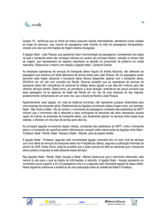 76




Quadro 19, verifica-se que as linhas de ônibus possuem seções intermediárias, atendendo outras cidades
ao longo do percurso, cujo volume de passageiros está incluído no total de passageiros transportados,
criando uma viés nas informações de origem/ destino divulgadas.

A ligação Natal - João Pessoa, que apresenta maior movimentação de passageiros, compreende uma etapa
na qual o transporte aéreo não consegue oferecer ao usuário seu principal atrativo, redução no tempo total
de viagem, que representaria um aspecto importante na decisão do consumidor de preferi-lo ao modal
rodoviário. Observa-se o mesmo com relação a ligação Natal - Campina Grande.

As empresas operadoras de serviços de transporte aéreo regular de âmbito Nacional, não oferecem ao
passageiro que embarca em Natal alternativa de serviço direto para João Pessoa. Se um passageiro quiser
percorrer esse trajeto utilizando o transporte aéreo deverá despender, apenas com o transporte aéreo,
03h35min em um vôo com conexão em Recife. Deve-se acreditar que as operadoras de serviços de
transporte aéreo têm consciência do potencial de tráfego dessa ligação e que elas têm motivos para não
oferecer serviços diretos. Desta forma, se prevalecer a atual situação, entende-se ser pouco provável que
esse passageiro irá se deslocar de Natal até Recife em um vôo de uma empresa do tipo regional,
posteriormente embarcando em um outro vôo, que o levará de Recife à João Pessoa.

Aparentemente, essa ligação, em vista da distância envolvida, não representa qualquer atratividade para
uma empresa de transporte aéreo. Relativamente às ligações envolvendo etapas longas como, por exemplo,
Natal - São Paulo e Natal - Rio de Janeiro, o movimento de passageiros constante das estatísticas de ANTT
indicam que o movimento não é relevante e esse contingente de demanda não deve representar parcela
capaz de motivar as empresas de transporte aéreo, que atualmente operam os serviços entre essas duas
cidades, a oferecer um novo tipo de serviço para atraí-los.

As principais ligações envolvendo etapas médias, constantes das estatísticas da ANTT, onde o transporte
aéreo e o transporte de superfície podem efetivamente competir estão relacionadas às ligações entre Natal -
Fortaleza, Natal - Recife, Natal - Aracaju e Natal – Maceió, para as seções diretas.

A ligação Natal - Fortaleza, segunda mais movimentada ligação rodoviária tem um bom nível de serviços
com uma oferta de serviços de transporte aéreo de 4 freqüências diárias, segundo a publicação Panrotas de
janeiro de 2009. Desta forma, pode-se acreditar que a maior parcela da fatia de demanda que o transporte
aéreo poderia conquistar já está utilizando esses serviços.

Nas ligações Natal - Recife, Natal -Aracajú e Natal - Maceió observa-se que o movimento observado, pelo
menos no ano para o qual se dispõe de informações, é reduzido. A ligação Natal - Aracajú apresenta um
movimento pouco superior a 22 mil passageiros/ ano e é a segunda mais importante ligação de etapa média.
Neste segmento verifica-se a existência de uma polarização entre as cidades de Natal e Fortaleza.




                                                    CELP
                                      Consultoria Técnica Comercial Ltda
 