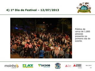 4) 1º Dia de Festival – 12/07/2013

Público de
cerca de 1.000
pessoas
presente no
primeiro dia do
evento

Set/2013
13

 