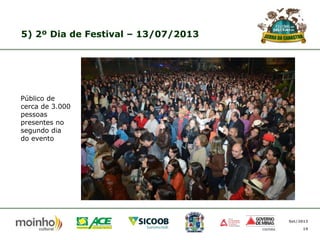 5) 2º Dia de Festival – 13/07/2013

Público de
cerca de 3.000
pessoas
presentes no
segundo dia
do evento

Set/2013
19

 