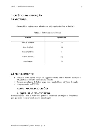 Anexo 1 – Relatório de aula prática
Laboratório de Engenharia Química, Anexo 1, pp 1-N
5
2. CINÉTICA DE ADSORÇÃO
2.1 MATERIAL
Os materiais e equipamentos utilizados na prática estão descritos na Tabela 2.
Tabela 2 – Materiais e equipamentos
Material Quantidade
Azul de Remazol 1 L
Água destilada 1 L
Béquer (500ml) 1
Carvão Ativado 20 g
Cronômetro 01
2.2 PROCEDIMENTO
 Tomou-se 250ml de uma solução de 25ppm do corante Azul de Remazol e colocou-se
2,5 g de Carvão Ativado em um reação batelada
 Tirou-se uma alíquota de 3ml no tempo zero e a cada 10 min até 90min de reação.
 Leu-se os pontos no UV-VIS.
RESULTADOS E DISCUSSÕES
1. EQUILÍBRIO DE ADSORÇÃO
Com os dados da Tabela 3, plotou-se o gráfico da absorbância em função da concentração
para que assim possa ser obtida a curva de calibração:
 