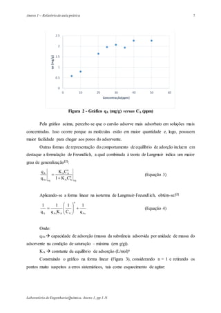 Anexo 1 – Relatório de aula prática
Laboratório de Engenharia Química, Anexo 1, pp 1-N
7
Figura 2 - Gráfico qA (mg/g) versus CA (ppm)
Pelo gráfico acima, percebe-se que o carvão adsorve mais adsorbato em soluções mais
concentradas. Isso ocorre porque as moléculas estão em maior quantidade e, logo, possuem
maior facilidade para chegar aos poros do adsorvente.
Outras formas de representação do comportamento de equilíbrio de adorção incluem em
destaque a formulação de Freundlich, a qual combinada à teoria de Langmuir indica um maior
grau de generalização[2]:
eq
n
AA
n
AA
eqAs
A
CK1
CK
q
q

 (Equação 3)
Aplicando-se a forma linear na isoterma de Langmuir-Freundlich, obtém-se:[2]
As
n
AAAsA q
1
C
1
Kq
1
q
1






 (Equação 4)
Onde:
qAs  capacidade de adsorção (massa da substância adsorvida por unidade de massa do
adsorvente na condição de saturação – máxima (em g/g)).
KA  constante de equilíbrio de adsorção (L/mol)n
Construindo o gráfico na forma linear (Figura 3), considerando n = 1 e retirando os
pontos muito suspeitos a erros sistemáticos, tais como esquecimento de agitar:
0
0.5
1
1.5
2
2.5
0 10 20 30 40 50 60
qa(mg/g)
Concentração(ppm)
 