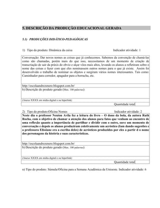 5. DESCRIÇÃO DA PRODUÇÃO EDUCACIONAL GERADA

5.1) PRODUÇÕES DIDÁTICO-PEDAGÓGICAS


1) Tipo do produto: Dinâmica da caixa                                    Indicador atividade: 1

Conversação: Dar novos nomes as coisas que já conhecemos. Sabemos da convenção de chamá-las
como são chamadas, porém mais do que isso, necessitamos de um momento de criação de
transcriação de sair da práxis do obvio e alçar vôos mais altos, levando os alunos a refletiram sobre o
nome das coisas e fazer com que eles nominassem outros nomes para o que já existe. Assim foi
desenvolvido o trabalho de nominar os objetos e surgiram vários nomes interessantes. Tais como:
Caminhador para corredor, apagador para a borracha, etc.


http://escolaandrezenere.blogspot.com.br/
b) Descrição do produto gerado (Max. 100 palavras):


(Anexo XXXX em mídia digital e ou hiperlink)
                                                                          Quantidade total

2) Tipo do produto:Oficina Nomes                                     Indicador atividade: 2
Neste dia o professor Neuton Avila fez a leitura do livro – O dono da bola, da autora Ruth
Rocha, com o objetivo de chamar a atenção dos alunos para fatos que venham ao encontro de
uma reflexão quanto a importância de partilhar e dividir com o outro, ouve um momento de
conversação e depois os alunos produziram coletivamente um acróstico (Iam dando sugestões e
a professora Elissiane era a escriba deles) de acrósticos produzidos por eles a partir d o nome
dos personagens da história e suas características.


http://escolaandrezenere.blogspot.com.br/
b) Descrição do produto gerado (Max. 100 palavras):


(Anexo XXXX em mídia digital e ou hiperlink)
                                                                          Quantidade total

n) Tipo do produto: Súmula/Oficina para a Semana Acadêmica da Unioeste. Indicador atividade: 6
 