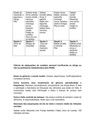 Sopão de
macarrão c/
legumes e
frango
Pão
Salada verde
Arroz colorida
(carne moída,
cenoura
espinafre,
moranga,
couve,
tempero
verde)
Feijão ou
Lentilha
Suco de uva
ou laranja
Salada
tomate/ alface
Arroz c/
galinha
feijão com
legumes
(moranga,
batata doce,
cenoura,
couve)
Sopão (arroz,
batata, cenoura,
espinafre,
moranga,
couve, tempero
verde e frango)
Pão ou fruta
Salada
verde/
tomate
Macarrão
com carne
moída
Feijão ou
lentilha
Opção 3:
Arroz de
leite
Opção 3:
Mingau de
chocolate
Opção 3:
Suco de
laranja
Cachorro
quente
Opção 3:
Batida de leite
c/ banana
Pão
Opção 3:
Salada verde
Macarrão ou
arroz c/
sardinha
feijão ou
lentilha
Cálculo de adequações do cardápio semanal (verificando se atinge ou
não os parâmetros estabelecidos pelo PNAE)
Quais os gêneros a escola recebe: Cereais, leguminosas, hortifrutigranjeiros
e produtos cárneos.
Como funciona esse recebimento de gêneros (periodicidade e
frequência): Recebem semanalmente, precisamente nas terças-feiras. É feita
a solicitação a Secretaria de Educação dos alimentos que estão em falta. A
nutricionista recebe esta informação e libera a licença de compra pelo
município.
Como é feito controle de estoque: não possui controle de entrada e saída de
alimentos. A responsabilidade, neste caso, é da merendeira.
Descrição das preparações do dia da visita e número médio de refeições
servidas
Salada verde; Macarrão com Frango desfiado; Feijão; Suco de Laranja. 180
refeições servidas.
 