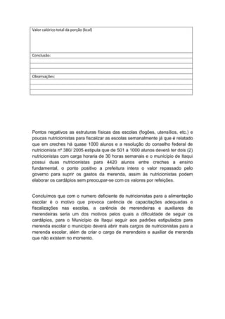 Valor calórico total da porção (kcal)
Conclusão:
Observações:
Pontos negativos as estruturas físicas das escolas (fogões, utensílios, etc.) e
poucas nutricionistas para fiscalizar as escolas semanalmente já que é relatado
que em creches há quase 1000 alunos e a resolução do conselho federal de
nutricionista nº 380/ 2005 estipula que de 501 a 1000 alunos deverá ter dois (2)
nutricionistas com carga horaria de 30 horas semanais e o município de Itaqui
possui duas nutricionistas para 4420 alunos entre creches a ensino
fundamental, o ponto positivo a prefeitura intera o valor repassado pelo
governo para suprir os gastos da merenda, assim às nutricionistas podem
elaborar os cardápios sem preocupar-se com os valores por refeições.
Concluímos que com o numero deficiente de nutricionistas para a alimentação
escolar é o motivo que provoca carência de capacitações adequadas e
fiscalizações nas escolas, a carência de merendeiras e auxiliares de
merendeiras seria um dos motivos pelos quais a dificuldade de seguir os
cardápios, para o Município de Itaqui seguir aos padrões estipulados para
merenda escolar o município deverá abrir mais cargos de nutricionistas para a
merenda escolar, além de criar o cargo de merendeira e auxiliar de merenda
que não existem no momento.
 