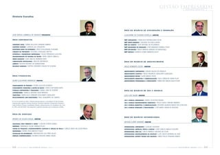 GESTÃO EMPRESARIAL              d i r e tor i a e x e c u t i va




Diretoria Executiva




                                                                                                                                 ÁREA DE NEGÓCIO DE EXPLORAÇÃO E PRODUÇÃO


JOSÉ SERGIO GABRIELLI DE AZEVEDO PRESIDENTE                                                                                      GUILHERME DE OLIVEIRA ESTRELLA DIRETOR

Á R E A C O R P O R AT I VA                                                                                                      E&P CORPORATIVO I FRANCISCO NEPOMUCENO FILHO
                                                                                                                                 E&P NORTE-NORDESTE I SOLANGE DA SILVA GUEDES
OUVIDORIA GERAL  I MARIA AUGUSTA CARNEIRO RIBEIRO                                                                                E&P SUL-SUDESTE I JOSÉ ANTONIO DE FIGUEIREDO
AUDITORIA INTERNA I GERSON LUIZ GONÇALVES                                                                                        E&P ENGENHARIA DE PRODUÇÃO I JOSÉ MIRANDA FORMIGLI FILHO
SECRETARIA-GERAL DA PETROBRAS I HÉLIO SHIGUENOBU FUJIKAWA                                                                        E&P EXPLORAÇÃO I PAULO MANUEL MENDES DE MENDONÇA
GABINETE DO PRESIDENTE I ROGÉRIO GONÇALVES MATTOS                                                                                E&P SERVIÇOS I ERARDO GOMES BARBOSA FILHO
ESTRATÉGIA E DESEMPENHO EMPRESARIAL I CELSO FERNANDO LUCCHESI
DESENVOLVIMENTO DE SISTEMAS DE GESTÃO I IRANI CARLOS VARELLA
NOVOS NEGÓCIOS I JOSÉ LIMA DE ANDRADE NETO
COMUNICAÇÃO INSTITUCIONAL I WILSON SANTAROSA                                                                                     ÁR EA D E N EGÓC I O D E ABASTEC I M E NTO
JURÍDICO I NILTON ANTONIO DE ALMEIDA MAIA
RECURSOS HUMANOS I HEITOR CORDEIRO CHAGAS DE OLIVEIRA                                                                            PAULO ROBERTO COSTA DIRETOR

                                                                                                                                 ABASTECIMENTO CORPORATIVO     I VENINA VELOSA DA FONSECA
                                                                                                                                 ABASTECIMENTO LOGÍSTICA   I PAULO MAURÍCIO CAVALCANTI GONÇALVES
ÁREA FINANCEIRA                                                                                                                  ABASTECIMENTO REFINO   I ALAN KARDEC PINTO
                                                                                                                                 ABASTECIMENTO MARKETING E COMERCIALIZAÇÃO     I NILO CARVALHO VIEIRA FILHO
ALMIR GUILHERME BARBASSA DIRETOR                                                                                                 ABASTECIMENTO PETROQUÍMICA E FERTILIZANTES   I MARIA DAS GRAÇAS SILVA FOSTER

FINANCIAMENTO DE PROJETOS  I PEDRO AUGUSTO BONÉSIO
PLANEJAMENTO FINANCEIRO E GESTÃO DE RISCOS I JORGE JOSÉ NAHAS NETO
FINANÇAS CORPORATIVAS E TESOURARIA I DANIEL LIMA DE OLIVEIRA                                                                     ÁREA DE NEGÓCIO DE GÁS E ENERGIA
CONTABILIDADE I MARCOS ANTONIO SILVA MENEZES
TRIBUTÁRIO I MARIA ALICE FERREIRA DESCHAMPS CAVALCANTI                                                                           ILDO LUÍS SAUER DIRETOR
RELACIONAMENTO COM INVESTIDORES I RAUL ADALBERTO DE CAMPOS

                                                                                                                                 GÁS E ENERGIA CORPORATIVO   I RAFAEL SCHETTINI FRAZÃO
Em 30 de novembro de 2005, a Diretoria Executiva aprovou a nova estrutura da área Financeira,
composta pelas seguintes Gerências Executivas: Financeiro Corporativo, Planejamento Financeiro e                                 GÁS E ENERGIA   DESENVOLVIMENTO ENERGÉTICO I PAULO KAZUO TAMURA AMEMIYA
Gestão de Riscos, Finanças, Contabilidade, Tributário e Relacionamento com Investidores. Até o final                             GÁS E ENERGIA   MARKETING E COMERCIALIZAÇÃO I ROGÉRIO ALMEIDA MANSO DA COSTA REIS
de 2005, ainda não tinham sido designados os gerentes executivos para as respectivas unidades.                                   GÁS E ENERGIA   OPERAÇÕES E PARTICIPAÇÕES I JOSÉ MARIA CARVALHO RESENDE




ÁREA DE SERVIÇOS

                                                                                                                                 ÁREA DE NEGÓCIO INTERNACIONAL
RENATO DE SOUZA DUQUE DIRETOR
                                                                                                                                 NESTOR CUÑAT CERVERÓ DIRETOR
SEGURANÇA, MEIO AMBIENTE E SAÚDE                 I CLÁUDIO FONTES NUNES
MATERIAIS     I ARMANDO OSCAR CAVANHA FILHO                                                                                      INTERNACIONAL CORPORATIVO I CLÁUDIO CASTEJON
CENTRO DE PESQUISAS E DESENVOLVIMENTO LEOPOLDO A. MIGUEZ DE MELLO                                I CARLOS TADEU DA COSTA FRAGA   INTERNACIONAL AMÉRICAS, ÁFRICA E EURÁSIA I JOÃO CARLOS ARAÚJO FIGUEIRA
ENGENHARIA     I PEDRO JOSÉ BARUSCO FILHO                                                                                        INTERNACIONAL CONE SUL I DÉCIO FABRÍCIO ODDONE DA COSTA
TECNOLOGIA DA INFORMAÇÃO      I WASHINGTON LUIZ FARIA SALLES                                                                     INTERNACIONAL DESENVOLVIMENTO DE NEGÓCIOS I LUÍS CARLOS MOREIRA DA SILVA
SERVIÇOS     COMPARTILHADOS I RICARDO ANTONIO ABREU IANDA                                                                        INTERNACIONAL SUPORTE TÉCNICO AOS NEGÓCIOS I ABÍLIO PAULO PINHEIRO RAMOS




112       PETR OBRA S           Rel atório            Anual         2005                                                                                                                    PETR OBRA S    Rel atório    Anual       2005       113
 