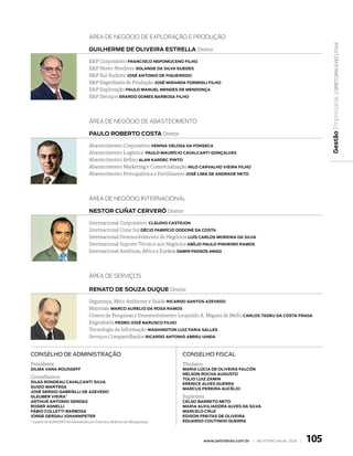 Área De neGócio De exploração e proDução




                                                                                                                                                     | Diretoria executiva
                                      GuilheRme de oliveiRA estRellA Diretor

                                      EP Corporativo fRAncisco nePomuceno filho
                                      EP Norte-Nordeste solAnGe dA silvA Guedes
                                      EP Sul-Sudeste José Antonio de fiGueiRedo
                                      EP Engenharia de Produção José miRAndA foRmiGli filho
                                      EP Exploração PAulo mAnuel mendes de mendonçA
                                      EP Serviços eRARdo Gomes bARbosA filho




                                                                                                                                                  Gestão Empresarial
                                      Área De neGócio De abastecimento

                                      PAulo RobeRto costA Diretor

                                      Abastecimento Corporativo veninA velosA dA fonsecA
                                      Abastecimento Logística PAulo mAuRício cAvAlcAnti GonçAlves
                                      Abastecimento Refino AlAn kARdec Pinto
                                      Abastecimento Marketing e Comercialização nilo cARvAlho vieiRA filho
                                      Abastecimento Petroquímica e Fertilizantes José limA de AndRAde neto



                                      Área De neGócio internacional

                                      nestoR cuñAt ceRveRó Diretor

                                      Internacional Corporativo cláudio cAsteJon
                                      Internacional Cone Sul décio fAbRício oddone dA costA
                                      Internacional Desenvolvimento de Negócios luís cARlos moReiRA dA silvA
                                      Internacional Suporte Técnico aos Negócios Abílio PAulo PinheiRo RAmos
                                      Internacional Américas, África e Eurásia sAmiR PAssos AwAd



                                      Área De serviços

                                      RenAto de souzA duQue Diretor

                                      Segurança, Meio Ambiente e Saúde RicARdo sAntos Azevedo
                                      Materiais mARco AuRelio dA RosA RAmos
                                      Centro de Pesquisas e Desenvolvimento Leopoldo A. Miguez de Mello cARlos tAdeu dA costA fRAGA
                                      Engenharia PedRo José bARusco filho
                                      Tecnologia da Informação wAshinGton luiz fARiA sAlles
                                      Serviços Compartilhados RicARdo Antonio AbReu iAndA


Conselho de AdministrAção                                                       Conselho FisCAl
Presidente                                                                      Titulares
dilmA vAnA Rousseff                                                             mARiA lúciA de oliveiRA fAlcón
                                                                                nelson RochA AuGusto
Conselheiros                                                                    túlio luiz zAmin
silAs RondeAu cAvAlcAnti silvA                                                  eRenice Alves GueRRA
Guido mAnteGA                                                                   mARcus PeReiRA Aucélio
José seRGio GAbRielli de Azevedo
GleubeR vieiRA*                                                                 Suplentes
ARthuR Antonio sendAs                                                           celso bARReto neto
RoGeR AGnelli                                                                   mARiA AuxiliAdoRA Alves dA silvA
fábio colletti bARbosA                                                          mARcelo cRuz
JoRGe GeRdAu JohAnnPeteR                                                        edison fReitAs de oliveiRA
* a partir de 02/04/2007 foi substituído por Francisco Roberto de Albuquerque   eduARdo coutinho GueRRA




                                                                                            www.petrobras.com.br | relatório anual 2006 |   105
 