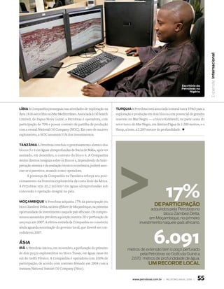Expansão Internacional
                                                                                                                   escritório da
                                                                                                                   Petrobras na
                                                                                                                         Nigéria




líBIA A Companhia prosseguiu nas atividades de exploração na         turquIA A Petrobras está associada à estatal turca TPAO para a
Área 18 do setor líbio no Mar Mediterrâneo. Associada à Oil Search   exploração e produção em dois blocos com potencial de grandes
Limited, de Papua Nova Guiné, a Petrobras é operadora, com           reservas no Mar Negro — o bloco Kirklarelli, na parte oeste do
participação de 70% e possui contrato de partilha de produção        setor turco do Mar Negro, em lâmina d’água de 1.200 metros; e o
com a estatal National Oil Company (NOC). Em caso de sucesso         Sinop, a leste, a 2.200 metros de profundidade. +
exploratório, a NOC assumirá 51% dos investimentos.


tANzâNIA A Petrobras concluiu o processamento sísmico dos
blocos 5 e 6 em águas ultraprofundas da Bacia de Máfia, após ter
assinado, em dezembro, o contrato do bloco 6. A Companhia
detém direitos integrais sobre os blocos e, dependendo da inter-
pretação sísmica e da avaliação técnico-econômica, poderá asso-
ciar-se a parceiros, atuando como operadora.
      A presença da Companhia na Tanzânia reforça seu posi-
cionamento na fronteira exploratória da costa leste da África.
A Petrobras tem 20,2 mil km 2 em águas ultraprofundas sob
concessão e operação integral no país.


moçAmBIque A Petrobras adquiriu 17% da participação no
                                                                                                        17%
                                                                                                de PArtICIPAção
bloco Zambezi Delta, na área offshore de Moçambique, na primeira
                                                                                            adquiridos pela petrobras no
oportunidade de investimento naquele país africano. Os compro-
                                                                                                   bloco Zambezi delta,
missos assumidos prevêem aquisição sísmica 2D e perfuração de                              em moçambique, no primeiro
um poço em 2007. A efetiva entrada da Companhia no consórcio                         investimento naquele país africano.
ainda aguarda autorização do governo local, que deverá ser con-
cedida em 2007.


ásIA
Irã A Petrobras iniciou, em novembro, a perfuração do primeiro
                                                                                               6.091
                                                                             metros de extensão tem o poço perfurado
de dois poços exploratórios no bloco Tusan, em águas rasas do                      pela petrobras no Golfo da Guiné a
sul do Golfo Pérsico. A Companhia é operadora com 100% de                     2.670 metros de profundidade de água.
participação, de acordo com contrato firmado em 2004 com a                                  um reCorde loCAl
iraniana National Iranian Oil Company (Nioc).


                                                                                www.petrobras.com.br | relatório anual 2006 |   55
 