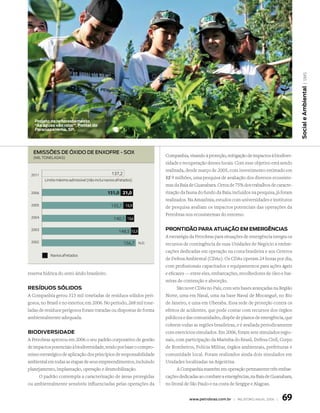 | sms
                                                                                                                                           Social e ambiental
   Projeto de reflorestamento
   “as águas vão rolar”, Pontal do
   Paranapanema, SP.




  eMissões de óxidO de enxOfre - sOx
  (mil toneladas)
                                                                      Companhia, visando à proteção, mitigação de impactos à biodiver-
                                                                      sidade e recuperação desses locais. Com esse objetivo está sendo
                                                                      realizada, desde março de 2005, com investimento estimado em
 2011                                            137,2
        Limite máximo admissível (não inclui navios afretados)
                                                                      R$ 9 milhões, uma pesquisa de avaliação dos diversos ecossiste-
                                                                      mas da Baía de Guanabara. Cerca de 75% dos trabalhos de caracte-
 2006                                         131,0 21,0              rização da fauna do fundo da Baía, incluídos na pesquisa, já foram
                                                                      realizados. Na Amazônia, estudos com universidades e institutos
 2005                                           135,7 15,9            de pesquisa avaliam os impactos potenciais das operações da
                                                                      Petrobras nos ecossistemas do entorno.
 2004                                             140,1 13,6

 2003                                                148,5 12,3       ProNtidão Para atuação eM eMergêNCiaS
                                                                      A estratégia da Petrobras para situações de emergência integra os
 2002                                                    156,7 N.D.   recursos de contingência de suas Unidades de Negócio a embar-
                                                                      cações dedicadas em operação na costa brasileira e aos Centros
           Navios afretados
                                                                      de Defesa Ambiental (CDAs). Os CDAs operam 24 horas por dia,
                                                                      com profissionais capacitados e equipamentos para ações ágeis
reserva hídrica do semi-árido brasileiro.                             e eficazes — entre eles, embarcações, recolhedores de óleo e bar-
                                                                      reiras de contenção e absorção.
reSíduoS SóLidoS                                                            São nove CDAs no País, com seis bases avançadas na Região
A Companhia gerou 315 mil toneladas de resíduos sólidos peri-         Norte, uma em Natal, uma na base Naval de Mocanguê, no Rio
gosos, no Brasil e no exterior, em 2006. No período, 268 mil tone-    de Janeiro, e uma em Uberaba. Essa rede de proteção contra os
ladas de resíduos perigosos foram tratadas ou dispostas de forma      efeitos de acidentes, que pode contar com recursos dos órgãos
ambientalmente adequada.                                              públicos e das comunidades, dispõe de planos de emergência, que
                                                                      cobrem todas as regiões brasileiras, e é avaliada periodicamente
biodiVerSidade                                                        com exercícios simulados. Em 2006, foram sete simulados regio-
A Petrobras aprovou em 2006 o seu padrão corporativo de gestão        nais, com participação da Marinha do Brasil, Defesa Civil, Corpo
de impactos potenciais à biodiversidade, tendo por base o compro-     de Bombeiros, Polícia Militar, órgãos ambientais, prefeituras e
misso estratégico de aplicação dos princípios de responsabilidade     comunidade local. Foram realizados ainda dois simulados em
ambiental em todas as etapas de seus empreendimentos, incluindo       Unidades localizadas na Argentina.
planejamento, implantação, operação e desmobilização.                       A Companhia mantém em operação permanente três embar-
      O padrão contempla a caracterização de áreas protegidas         cações dedicadas ao combate a emergências, na Baía de Guanabara,
ou ambientalmente sensíveis influenciadas pelas operações da          no litoral de São Paulo e na costa de Sergipe e Alagoas.


                                                                                  www.petrobras.com.br | relatório anual 2006 |   69
 