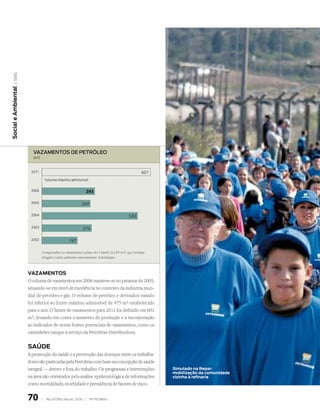 | sms
Social e ambiental




                       vAzAMenTOs de PeTróleO
                       (m3)



                      2011                                                                   601
                                  Volume máximo admissível

                      2006                                 293

                      2005                             269

                      2004                                                           530

                      2003                              276

                      2002                     197

                              Computados os vazamentos acima de 1 barril (0,159 m 3) que tenham
                              atingido o meio ambiente externamente à instalação.



                     VazaMeNtoS
                     O volume de vazamentos em 2006 manteve-se no patamar de 2005,
                     situando-se em nível de excelência no contexto da indústria mun-
                     dial de petróleo e gás. O volume de petróleo e derivados vazado
                     foi inferior ao limite máximo admissível de 475 m3 estabelecido
                     para o ano. O limite de vazamentos para 2011 foi definido em 601
                     m3, levando em conta o aumento de produção e a incorporação
                     ao indicador de novas fontes potenciais de vazamentos, como os
                     caminhões-tanque a serviço da Petrobras Distribuidora.


                     Saúde
                     A promoção da saúde e a prevenção das doenças entre os trabalha-
                     dores são praticadas pela Petrobras com base na concepção de saúde
                     integral — dentro e fora do trabalho. Os programas e intervenções             Simulado na repar:
                                                                                                   mobilização da comunidade
                     na área são orientados pela análise epidemiológica de informações             vizinha à refinaria
                     como mortalidade, morbidade e prevalência de fatores de risco.


                     70       |   relatório anual 2006 |     petrobras
 