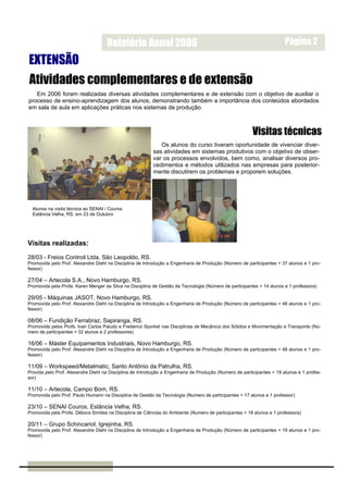 Relatório Anual 2006                                                               Página 2

EXTENSÃO
Atividades complementares e de extensão
   Em 2006 foram realizadas diversas atividades complementares e de extensão com o objetivo de auxiliar o
processo de ensino-aprendizagem dos alunos, demonstrando também a importância dos conteúdos abordados
em sala de aula em aplicações práticas nos sistemas de produção.



                                                                                                        Visitas técnicas
                                                             Os alunos do curso tiveram oportunidade de vivenciar diver-
                                                          sas atividades em sistemas produtivos com o objetivo de obser-
                                                          var os processos envolvidos, bem como, analisar diversos pro-
                                                          cedimentos e métodos utilizados nas empresas para posterior-
                                                          mente discutirem os problemas e proporem soluções.




  Alunos na visita técnica ao SENAI / Couros
  Estância Velha, RS, em 23 de Outubro




Visitas realizadas:
28/03 - Freios Controil Ltda, São Leopoldo, RS.
Promovida pelo Prof. Alexandre Diehl na Disciplina de Introdução a Engenharia de Produção (Número de participantes = 37 alunos e 1 pro-
fessor)

27/04 – Artecola S.A., Novo Hamburgo, RS.
Promovida pela Profa. Karen Menger da Silva na Disciplina de Gestão da Tecnologia (Número de participantes = 14 alunos e 1 professora)

29/05 - Máquinas JASOT, Novo Hamburgo, RS.
Promovida pelo Prof. Alexandre Diehl na Disciplina de Introdução a Engenharia de Produção (Número de participantes = 48 alunos e 1 pro-
fessor)

08/06 – Fundição Ferrabraz, Sapiranga, RS.
Promovida pelos Profs. Ivan Carlos Paludo e Frederico Sporket nas Disciplinas de Mecânica dos Sólidos e Movimentação e Transporte (Nú-
mero de participantes = 32 alunos e 2 professores)

16/06 – Máster Equipamentos Industriais, Novo Hamburgo, RS.
Promovida pelo Prof. Alexandre Diehl na Disciplina de Introdução a Engenharia de Produção (Número de participantes = 48 alunos e 1 pro-
fessor)

11/09 – Workspeed/Metalmatic, Santo Antônio da Patrulha, RS.
Provida pelo Prof. Alexandre Diehl na Disciplina de Introdução a Engenharia de Produção (Numero de participantes = 19 alunos e 1 profes-
sor)

11/10 – Artecola, Campo Bom, RS.
Promovida pelo Prof. Paulo Humann na Disciplina de Gestão da Tecnologia (Numero de participantes = 17 alunos e 1 professor)

23/10 – SENAI Couros, Estância Velha, RS.
Promovida pela Profa. Débora Simões na Disciplina de Ciências do Ambiente (Numero de participantes = 18 alunos e 1 professora)

20/11 – Grupo Schincariol, Igrejinha, RS.
Promovida pelo Prof. Alexandre Diehl na Disciplina de Introdução a Engenharia de Produção (Número de participantes = 19 alunos e 1 pro-
fessor)
 