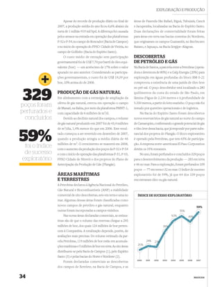EXPLORAÇÃO E PRODUÇÃO

                      Apesar do recorde de produção diário no ﬁnal de       áreas de Fazenda São Rafael, Biguá, Tabuiaiá, Cancã
                2007, a produção média do ano ﬁcou 6,6% abaixo da           e Jacupemba, localizadas na Bacia do Espírito Santo.
                meta de 1 milhão 919 mil bpd. A diferença foi causada       Duas declarações de comercialidade foram feitas
                pelos atrasos na entrada em operação das plataformas        para áreas em terra nas bacias costeiras do Nordeste,
                P-52 e P-54, no campo de Roncador (Bacia de Campos)         que originaram os campos Guanambi, no Recôncavo
                e no início de operação do FPSO Cidade de Vitória, no       Baiano, e Japuaçu, na Bacia Sergipe–Alagoas.
                campo de Golﬁnho (Bacia do Espírito Santo).
                      O custo médio de extração sem participação            DESCOBERTAS
                governamental foi de US$ 7,70 por barril de óleo equi-      DE PETRÓLEO E GÁS
                valente (boe) — um acréscimo de 17% sobre o valor           Na Bacia de Santos, a parceria entre a Petrobras (opera-
                apurado no ano anterior. Considerando as participa-         dora e detentora de 80%) e a Galp Energia (20%) para
                ções governamentais, o custo foi de US$ 19,39 por           exploração em águas profundas do bloco BM-S-21
                boe, 10% acima do de 2006.                                  comprovou a existência de uma jazida de óleo leve
                                                                            no pré-sal. O poço descobridor está localizado a 280


 329
poços foram
                PRODUÇÃO DE GÁS NATURAL
                Em alinhamento com a estratégia de ampliação da
                oferta de gás natural, entrou em operação o campo
                                                                            quilômetros da costa do estado de São Paulo, em
                                                                            lâmina d’água de 2.234 metros e à profundidade de
                                                                            5.350 metros, a partir do leito marinho. O poço não foi
                de Manati, na Bahia, por meio da plataforma PMNT-1,         testado por questões operacionais e de logística.
perfurados e    com capacidade de 6 milhões de m3/d.                            Na Bacia do Espírito Santo foram descobertos
 concluídos           Devido ao declínio natural dos campos, o volume       novos reservatórios de gás natural ao norte do campo
                de gás natural produzido em 2007 foi de 43,4 milhões        de Camarupim, conﬁrmando o grande potencial de gás
                de   m3/dia,   1,4% menor do que em 2006. Este resul-       e óleo leve dessa bacia, que já responde por parte subs-


59%
 foi o índice
                tado começou a ser revertido em dezembro de 2007,
                quando a produção atingiu a média diária de 46
                milhões de m3. O crescimento se manterá em 2008,
                                                                            tancial dos projetos do Plangás. O bloco exploratório
                                                                            é operado pela Petrobras, que tem 65% de participa-
                                                                            ção. A empresa norte-americana El Paso Corporation
                com o aumento da produção dos poços da P-52 e P-54          detém os 35% restantes.
 de sucesso     e com o início de operação das plataformas P-51, P-53,          No ano, foram perfurados e concluídos 329 poços
exploratório    FPSO Cidade de Niterói e dos projetos do Plano de           para o desenvolvimento da produção — 283 em terra
                Antecipação da Produção de Gás (Plangás).                   e 46 no mar. Para a exploração, foram perfurados 109
                                                                            poços — 77 em terra e 32 no mar. O índice de sucesso
                ÁREAS MARÍTIMAS                                             exploratório foi de 59%, já que 64 dos 109 poços
                E TERRESTRES                                                encontraram óleo ou gás natural.
                A Petrobras declarou à Agência Nacional do Petróleo,
                Gás Natural e Biocombustíveis (ANP) a viabilidade
                comercial de oito descobertas, sete em terra e uma no          ÍNDICE DE SUCESSO EXPLORATÓRIO
                mar. Algumas dessas áreas foram classiﬁcadas como
                novos campos de petróleo e gás natural, enquanto                                                                 59%
                outras foram incorporadas a campos vizinhos.                                                     55%
                      Nas novas áreas declaradas comerciais, as estima-                                   50%           49%
                tivas são de que o volume das reservas chegue a 295
                milhões de boe, dos quais 124 milhões de boe perten-                               39%
                cem à Companhia. A totalização depende, porém, de
                avaliações mais precisas. Do volume estimado da par-
                cela Petrobras, 119 milhões de boe estão em acumula-                 24%    23%
                                                                               20%
                ções marítimas e 5 milhões de boe em terra. As oito áreas
                distribuem-se pela Bacia de Campos (1), pelo Espírito
                Santo (5) e pelas bacias do Norte e Nordeste (2).
                                                                              2000   2001   2002   2003   2004   2005   2006    2007
                    Foram declaradas comerciais as descobertas
                dos campos de Xerelete, na Bacia de Campos, e as


34                                                                                                                             NEGÓCIOS
 