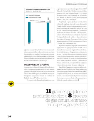 EXPLORAÇÃO E PRODUÇÃO

                                                                           a operação a plena capacidade das plataformas FPSO
        EVOLUÇÃO DAS RESERVAS PROVADAS
        (CRITÉRIO SPE – BILHÕES DE BOE)                                    Cidade de Vitória, P-52 e P-54. Entrarão em atividade
                                                                           ainda em 2008 mais três plataformas: FPSO Cidade
             Novas reservas incorporadas                                   de Niterói (Jabuti), com capacidade de 100 mil bpd;
             Reserva remanescente de 2006                                  P-51 (Marlim Sul Módulo 2), com 180 mil bpd; e P-53




                                                           13,92
                   Produção em 200
                                                                           (Marlim Leste), com 180 mil bpd.
                                  7: 0,71 bilhão de boe




                                                                   0,88
                                                                               A exploração e a produção de gás natural também
                                                                           estão sendo ampliadas de acordo com as diretrizes do
                                                                           Plangás, medida fundamental para garantir o supri-
                                                                           mento ao mercado das regiões Sul e Sudeste. Até o ﬁm
                                                                           de 2008, a oferta aumentará dos atuais 15 milhões de
                                                                           m3/dia para 40 milhões de m3/dia. O Plangás prevê,
                                                                           na Bacia do Espírito Santo, a ampliação do projeto de
                                                                           Peroá para 8 milhões de m3/dia e o desenvolvimento
                                                                           dos campos de Canapu e Camarupim. O Plano estima




                                                                   13,04
                       13,75




                                                                           ainda a expansão do Pólo de Processamento de Gás de
            2006                                          2007             Cacimbas para 20 milhões de m3/d.
                                                                               A primeira fase desta ampliação (5,4 milhões de
                                                                           m3/d) entrará em operação no início de 2008, com as
     Algumas dessas declarações foram feitas em áreas pró-                 plantas de processamento de gás de Peroá e Golﬁnho.
     ximas a campos em fase de desenvolvimento e portanto                  Na Bacia de Campos, o Plangás prioriza a produção de
     incorporadas a seu ring fence. Outro fator que contribuiu             gás livre a partir de diversos reservatórios próximos
     para a incorporação de reservas provadas foi o gerencia-              à infra-estrutura existente nos campos de Albacora,
     mento de reservatórios em campos já descobertos, em                   Roncador e Marlim Sul, além do desenvolvimento
     fase de desenvolvimento ou de produção.                               inicial de Jabuti. Na Bacia de Santos, a plataforma de
                                                                           Merluza será ampliada para 2,5 milhões de m3/d, com
     PROJETOS PARA O FUTURO                                                o desenvolvimento inicial do campo de Lagosta.
     As metas do novo Plano de Negócios da Petrobras pre-                      Para 2010, o Plangás prevê o aumento da disponibi-
     vêem a entrada em operação, até 2012, de 11 grandes                   lidade de gás para 55 milhões de m3/dia no Sudeste, com
     projetos de produção de óleo e de oito projetos de gás                a entrada em operação dos projetos de Mexilhão (2009),
     natural. Para 2008, a produção média de petróleo da                   Uruguá e Tambaú (2010), na Bacia de Santos. Prevê
     Companhia no País está estimada em 2 milhões de                       também o início das atividades do primeiro módulo da
     bpd; a de gás, em 57 milhões de m3/dia.                               planta de processamento de gás de Caraguatatuba, em
         Os volumes serão alcançados principalmente com                    2009, e do segundo módulo, em 2010.




                                11 grandes projetos de
                          produção de óleo e 8 projetos
                                                          de gás natural entrarão
                                                           em operação até 2012

36                                                                                                                       NEGÓCIOS
 