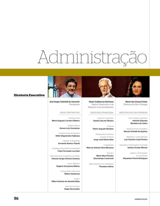 Administração
Diretoria Executiva
                      José Sergio Gabrielli de Azevedo            Almir Guilherme Barbassa                  Maria das Graças Foster
                                              Presidente             Diretor Financeiro e de              Diretora de Gás e Energia
                                                                 Relações com Investidores

                                  ÁREA CORPORATIVA                 DIRETORIA FINANCEIRA              DIRETORIA DE GÁS E ENERGIA

                                             Ouvidoria Geral                Financeiro Corporativo              Gás e Energia Corporativo
                        Maria Augusta Carneiro Ribeiro                 Daniel Lima de Oliveira                      Antonio Eduardo
                                                                                                                   Monteiro de Castro
                                            Auditoria Interna                            Finanças
                                 Gerson Luiz Gonçalves                Pedro Augusto Bonésio                   Desenvolvimento Energético
                                                                                                          Mozart Schmitt de Queiroz
                                Secretaria Geral da Petrobras
                                                                          Planejamento Financeiro
                            Hélio Shiguenobu Fujikawa
                                                                               e Gestão de Riscos             Marketing e Comercialização
                                                                       Jorge José Nahas Neto              Luiz Antonio Costa Pereira
                                     Gabinete do Presidente
                                Armando Ramos Tripodi
                                                                                    Contabilidade    Operações e Participações em Energia
                        Estratégia e Desempenho Empresarial     Marcos Antonio Silva Menezes                   Sydney Granja Affonso
                               Celso Fernando Lucchesi
                                                                                        Tributário                Logística e Participações
                      Desenvolvimento de Sistemas de Gestão              Maria Alice Ferreira                              em Gás Natural
                        Antonio Sergio Oliveira Santana                Deschamps Cavalcanti              Alexandre Penna Rodrigues

                                            Novos Negócios        Relacionamento com Investidores
                             Rogério Gonçalves Mattos                         Theodore Helms

                                   Comunicação Institucional
                                        Wilson Santarosa

                                                     Jurídico
                        Nilton Antonio de Almeida Maia

                                         Recursos Humanos
                                       Diego Hernandes




86                                                                                                                      ADMINISTRAÇÃO
 