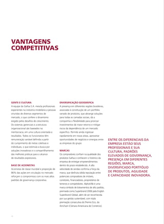 VANTAGENS
COMPETITIVAS




GENTE E CULTURA                                  DIVERSIFICAÇÃO GEOGRÁFICA
A equipe da Gafisa S.A. mescla profissionais     A presença em diferentes regiões brasileiras,
experientes na indústria imobiliária a pessoas   associada à constituição de um portfólio
oriundas de diversos segmentos de                variado de produtos, que abrange soluções
mercado, o que confere o dinamismo               para todas as camadas sociais, dá a
exigido pelos desafios de crescimento.           companhia a flexibilidade para priorizar
Os sistemas gerenciais e a estrutura             investimentos de maior retorno e mitigar
organizacional são baseados na                   riscos da dependência de um mercado
meritocracia, em uma cultura orientada a         específico. Permite ainda ingressar
resultados. Todos os funcionários têm            rapidamente em novas áreas, aproveitar
remuneração variável definida a partir           oportunidades de negócios e sinergias entre     ENTRE OS DIFERENCIAIS DA
do cumprimento de metas coletivas e              as empresas do grupo.                           EMPRESA ESTÃO SEUS
individuais, o que estimula a busca por                                                          PROFISSIONAIS E SUA
soluções inovadoras e o compartilhamento         MARCAS
                                                                                                 CULTURA, PADRÕES
das melhores práticas para o alcance             Os compradores confiam na qualidade dos
                                                                                                 ELEVADOS DE GOVERNANÇA,
de resultados expressivos.                       produtos Gafisa e conhecem o histórico da
                                                                                                 PRESENÇA EM DIFERENTES
                                                 empresa de entregar empreendimentos
                                                                                                 REGIÕES, MARCA,
BASE DE ACIONISTAS                               dentro do prazo estabelecido. A alta
Acionistas de classe mundial e proporção de      velocidade de vendas confirma a força da
                                                                                                 DIVERSIFICADO PORTFÓLIO
86% das ações em circulação no mercado           marca, que desfruta sólida reputação entre      DE PRODUTOS, AGILIDADE
reforçam o compromisso com os mais altos         potenciais compradores de imóveis,              E CAPACIDADE INOVADORA.
padrões de governança corporativa.               corretores, financiadores, proprietários de
                                                 terrenos e competidores. AlphaVille é uma
                                                 marca símbolo de loteamentos de alto padrão,
                                                 premiada como Superbrand 2006 pela English
                                                 Superbrand Global, além de ser reconhecida
                                                 por sua gestão sustentável, com tripla
                                                 premiação consecutiva do Premio Eco, da
                                                 Amcham (Câmara Americana de Comércio).



16
 