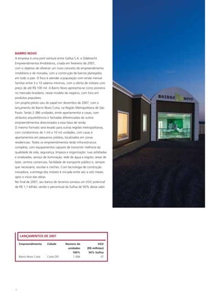 BAIRRO NOVO
A empresa é uma joint venture entre Gafisa S.A. e Odebrecht
Empreendimentos Imobiliários, criada em fevereiro de 2007,
com o objetivo de oferecer um novo conceito de empreendimento
imobiliário e de moradia, com a construção de bairros planejados
em todo o país. O foco é atender a população com renda mensal
familiar entre 3 e 10 salários mínimos, com a oferta de imóveis com
preço de até R$ 100 mil. A Bairro Novo apresenta-se como pioneira
no mercado brasileiro, nesse modelo de negócio, com foco em
produtos populares.
Um projeto-piloto saiu do papel em dezembro de 2007, com o
lançamento do Bairro Novo Cotia, na Região Metropolitana de São
Paulo. Serão 2.386 unidades, entre apartamentos e casas, com
atributos arquitetônicos e fachadas diferenciadas de outros
empreendimentos direcionados a essa faixa de renda.
O mesmo formato será levado para outras regiões metropolitanas,
com condomínios de 1 mil a 10 mil unidades, com casas e
apartamentos em pequenos prédios, localizados em zonas
residenciais. Todos os empreendimentos terão infra-estrutura
completa, com equipamentos capazes de transmitir melhoria da
qualidade de vida, segurança, limpeza e organização: ruas asfaltadas
e sinalizadas, serviço de iluminação, rede de água e esgoto, áreas de
lazer, centros comerciais, facilidade de transporte público e, sempre
que necessário, escolas e creches. Com tecnologia de construção
inovadora, a entrega dos imóveis é iniciada entre seis a oito meses
após o início das obras.
No final de 2007, seu banco de terrenos somava um VGV potencial
de R$ 1,1 bilhão, sendo o percentual da Gafisa de 50% desse valor.




     LANÇAMENTOS DE 2007

     Empreendimento        Cidade       Número de              VGV
                                         unidades      (R$ milhões)
                                            100%        50% Gafisa
     Bairro Novo Cotia     Cotia (SP)       1.006               37




30
 