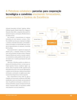 a Petrobras estabelece parcerias para cooperação
tecnológica e convênios envolvendo fornecedores,
universidades e Centros de excelência



incluindo fornecedores do Brasil, Argentina, Bolívia,
Colômbia, Equador, Estados Unidos, Peru, Cingapura e                                     Clientes

Venezuela. Desde 2003, a companhia efetuou pelo Por-                                                   Comunidade
                                                                        acionistas
tal 526 mil compras e contratações, 298 leilões diretos e
537 leilões reversos.
                                                                                                             Comunidade
    Para estimular o desenvolvimento de empresas                                                             Científica e
                                                                                                              acadêmica
fornecedoras de novos materiais e serviços, a Petro-        opinião Pública
bras estabelece parcerias para cooperação tecnológica
e convênios envolvendo fornecedores, universidades e                                 SISMICO                       empregados

Centros de Excelência. Ao final de 2008, havia 123 pro-
jetos de desenvolvimento em andamento, totalizando          Poder Público

R$ 223 milhões.                                                                                              Fornecedores

    Procurando fortalecer o segmento de empresas de
pequeno porte, a companhia mantém um convênio                         ongs sociais
com o Serviço Brasileiro de Apoio às Micro e Pequenas                                                   imprensa

Empresas (Sebrae), que incentiva a inserção competiti-                               ongs ambientais
va e sustentável na cadeia produtiva de óleo e gás. Seis
mil empresas de 11 estados já participaram das ações
desenvolvidas.
    Além disso, a Petrobras mantém um cadastro cor-
porativo de fornecedores de bens e serviços, que con-
templa requisitos técnicos, econômicos, legais e ge-
renciais, além de requisitos de SMS, específicos para
fornecedores de serviços. Com cerca de 4.800 empresas,
o cadastro serve de base para a seleção de fornecedores
em licitações e contratações. As exigências para cadas-
tramento ficam disponíveis no site da companhia.
    Para o fornecimento de bens, estão em vigor as
Condições de Fornecimento de Materiais (CFM-2005),
estabelecidas a partir da interação com associações de
classe. Os padrões de contratação e as diretrizes con-
tratuais da Petrobras constam do Manual de Procedi-
mentos Contratuais (MPC). Os documentos também
estão disponíveis no site da companhia. ■




r e l at ó r i o a n u a l 2 0 0 8
                                                                                                                                99
 