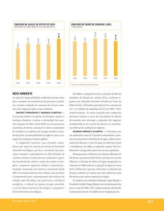 eMiSSão De GaSeS De eFeito eStuFa                            eMiSSão De óxiDo De enxoFre (Sox)
  (milhões de toneladas de co2 equivalente)                    (toneladas)




                                                                                               151,96




                                                                                                         150,9
                                                     58,16




                                                                                                                 141,79
                                                                  140,1




                                                                                 135,7
                     51,56




                                     50,43




                                             49,88
      44,41




                                                                 2004           2005          2006       2007    2008


     2004           2005             2006    2007    2008
                                                               não inclui emissões de navios aFretados




Meio aMBiente                                                    Em 2008, a companhia evitou a emissão de 680 mil
As ações de responsabilidade ambiental tiveram como          toneladas de dióxido de carbono (CO2), conforme re-
foco o aumento da ecoeficiência de processos e produ-        gistrou seu indicador Emissões Evitadas de Gases de
tos, visando à redução do consumo de recursos natu-          Efeito Estufa. A Petrobras pretende evitar a emissão de
rais e dos impactos sobre o meio ambiente.                   2,3 e 4,5 milhões de toneladas de CO2 em 2009 e 2013,
     eMiSSõeS atMoSFériCaS e MuDançaS CliMátiCaS —           respectivamente. As metas traçadas pela companhia
O principal objetivo de gestão da Petrobras quanto à         permitem atenuar a curva de crescimento do volume
mudança climática é reduzir a intensidade das emis-          de emissões sem restringir a expansão dos negócios,
sões de gases de efeito estufa (GEE) em seus processos       considerando-se um cenário de business as usual (for-
e produtos, de forma a alcançar os níveis considerados       ma habitual de condução do negócio).
de excelência na indústria de energia mundial, contri-           reCurSoS híDriCoS e eFluenteS — A Petrobras tem
buindo para a sustentabilidade do negócio e para a mi-       em andamento mais de 70 projetos relacionados a siste-
tigação da mudança climática global.                         mas de tratamento e distribuição de água, coleta e trata-
    A companhia monitora suas emissões atmos-                mento de efluentes e reúso de água em diferentes áreas
féricas por meio do Sistema de Gestão de Emissões            e subsidiárias. Em 2008, a companhia captou 195,2 mi-
Atmosféricas (Sigea), que faz o inventário das prin-         lhões de m3 de água doce para uso em suas operações.
cipais emissões, especialmente os GEE (dióxido de                Destaque para a Refinaria de Capuava (Recap), em
carbono, metano e óxido nitroso) e poluentes regula-         São Paulo, a primeira da Petrobras com descarte zero de
dos (monóxido de carbono, óxidos de enxofre e nitro-         efluentes. A Estação de Reúso de Água inaugurada na
gênio, compostos orgânicos voláteis e material par-          refinaria em 2008 reduzirá a captação de água em cerca
ticulado), mantendo um histórico atualizado desde            de 0,7 milhão de m3 por ano. Além disso, os efluentes da
2002. O acompanhamento da evolução das emissões              Estação poderão ser usados para fins industriais pela
é fundamental para o planejamento dos esforços de            Petrobras e por outras empresas da região.
redução pela Petrobras, que priorizam a eficiência               Os projetos nas refinarias Henrique Lage (Revap) e
energética, a redução da queima do gás associado,            Presidente Getúlio Vargas (Repar), com conclusão prevista
o uso de fontes renováveis de energia e a pesquisa e         para os anos de 2009 e 2011, respectivamente, permitirão
desenvolvimento tecnológico.                                 economia de mais de 7,6 milhões de m3 de água por ano.


r e l at ó r i o a n u a l 2 0 0 8
                                                                                                                          107
 