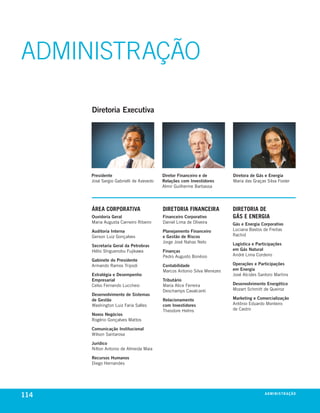 ADMINISTRAÇÃO

      Diretoria Executiva




      Presidente                         Diretor Financeiro e de        Diretora de Gás e Energia
      José sergio Gabrielli de azevedo   Relações com Investidores      maria das Graças silva Foster
                                         almir Guilherme barbassa




      área CorPorativa                   Diretoria FinanCeira           Diretoria De
      Ouvidoria Geral                    Financeiro Corporativo         GáS e enerGia
      maria augusta carneiro ribeiro     daniel lima de oliveira        Gás e Energia Corporativo
      Auditoria Interna                  Planejamento Financeiro        luciana bastos de Freitas
      Gerson luiz Gonçalves              e Gestão de Riscos             rachid
                                         Jorge José nahas neto          Logística e Participações
      Secretaria Geral da Petrobras
      hélio shiguenobu Fujikawa          Finanças                       em Gás Natural
                                         pedro augusto bonésio          andré lima cordeiro
      Gabinete do Presidente
      armando ramos tripodi              Contabilidade                  Operações e Participações
                                         marcos antonio silva menezes   em Energia
      Estratégia e Desempenho                                           José alcides santoro martins
      Empresarial                        Tributário
      celso Fernando lucchesi            maria alice Ferreira           Desenvolvimento Energético
                                         deschamps cavalcanti           mozart schmitt de queiroz
      Desenvolvimento de Sistemas
      de Gestão                          Relacionamento                 Marketing e Comercialização
      Washington luiz Faria salles       com Investidores               antônio eduardo monteiro
                                         theodore helms                 de castro
      Novos Negócios
      rogério Gonçalves mattos

      Comunicação Institucional
      Wilson santarosa

      Jurídico
      nilton antonio de almeida maia

      Recursos Humanos
      diego hernandes




114                                                                                     a D M i n i S t r a çx o
                                                                                                          ei ã
 