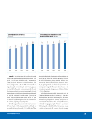 volume de vendas totais                                      volume de vendas de derivados
  (mIl bOeD)                                                   no mercado interno (mIl bPD)




                                                                                                             1.748
                                                                                                  1.725
                                                                                       1.677
                                                     3.374




                                                                            1.644
                                                                 1.637
                                             3.239
                                     3.052
                     2.808
      2.711




     2004           2005             2006    2007    2008       2004       2005       2006       2007       2008




     vendas —  As vendas totais da Petrobras, incluindo      das vendas de gás não térmico para as distribuidoras no
exportações, gás natural e vendas internacionais, atin-      estado de São Paulo e ao aumento de 150% (8 milhões
giram 3.374 mil boed, uma elevação de 4,2% em relação        de m³/dia) das vendas para o mercado térmico. Essa
a 2007. O volume de vendas no mercado interno, sem           evolução da demanda foi motivada pela maior oferta
incluir energia, subiu 5,5% em 2008. Esse resultado foi      de gás, principalmente em função do incremento da
impactado pela comercialização de derivados, que au-         produção do campo de Manati, no litoral baiano, e da
mentou 1,3% influenciado pelo crescimento do PIB, pelo       entrada em operação dos gasodutos Cabiúnas-Vitória
funcionamento das térmicas emergenciais a diesel e pelo      e Vitória–Cacimbas.
maior volume de produção e expansão da área plantada             Além disso, a Resolução 8 de dezembro de 2007 do
da safra de grãos e de cana-de-açúcar. Destacam-se,          Conselho Nacional de Política Energética (CNPE) per-
ainda, as exportações recorde de óleo de 439 mil bpd,        mitiu a geração de energia elétrica a partir de usinas
24,4% acima do volume registrado no ano anterior, fruto      termelétricas para preservar os níveis de água dos re-
do aumento de produção da companhia.                         servatórios das hidreléticas. Essa medida influenciou o
    A venda de gás natural no mercado interno cresceu        volume de energia gerado pela Petrobras, que cresceu
20% em relação a 2007, atingindo 18.140 milhões de m3        253%, atingindo 2.025 MWmédios. Destacou-se, ainda,
no ano, devido ao acréscimo de 8% (1 milhão de m³/dia)       o início do suprimento do primeiro bloco de energia


r e l at ó r i o a n u a l 2 0 0 8
                                                                                                                       13
 