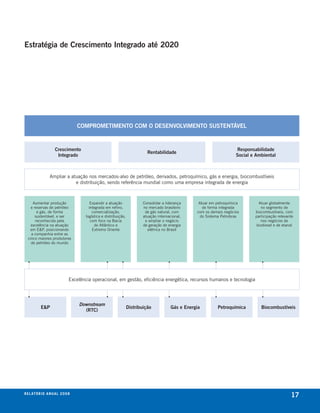 Estratégia de Crescimento Integrado até 2020




                                     ComPRomETImENTo Com o DESENVolVImENTo SuSTENTáVEl


                      Crescimento                                                                                           Responsabilidade
                                                                               Rentabilidade
                       Integrado                                                                                            Social e Ambiental



                   Ampliar a atuação nos mercados-alvo de petróleo, derivados, petroquímico, gás e energia, biocombustíveis
                               e distribuição, sendo referência mundial como uma empresa integrada de energia



     Aumentar produção                      expandir a atuação               consolidar a liderança      Atuar em petroquímica        Atuar globalmente
    e reservas de petróleo                 integrada em refino,              no mercado brasileiro         de forma integrada          no segmento de
        e gás, de forma                      comercialização,                 de gás natural, com       com os demais negócios      biocombustíveis, com
       sustentável, e ser                logística e distribuição,           atuação internacional,       do sistema Petrobras      participação relevante
       reconhecida pela                     com foco na bacia                 e ampliar o negócio                                      nos negócios de
    excelência na atuação                     do Atlântico e                 de geração de energia                                  biodiesel e de etanol
    em e&P, posicionando                     extremo Oriente                    elétrica no brasil
    a companhia entre as
  cinco maiores produtoras
    de petróleo do mundo




                                 excelência operacional, em gestão, eficiência energética, recursos humanos e tecnologia




                                     Downstream
            E&P                                                      Distribuição            Gás e Energia        Petroquímica         Biocombustíveis
                                       (RTC)




r e l at ó r i o a n u a l 2 0 0 8
                                                                                                                                                        17
 