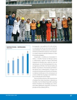 Trabalhadores da Petrobras em frente à sede da companhia, no Rio de Janeiro




                                                                                foi inaugurado o novo prédio da UP no Rio de Janei-
  custo de pessoal - controladora
  (R$ mIlhões)                                                                  ro, construído com base nos mais atuais conceitos de
                                                                                sustentabilidade. Esse prédio possui 107 salas de aula,
                                                                                incluindo nove laboratórios especiais e 25 de informáti-
                                                                 9.945




                                                                                ca, e ainda 35 cabines de educação à distância e 27 salas
                                                  8.717




                                                                                de orientação pedagógica.
                                                                                     Comprovando a excelência da Universidade Pe-
                                     7.337
                     6.569




                                                                                trobras, o Conselho Nacional de Educação aprovou
                                                                                o credenciamento especial do Sistema Educacional
      5.206




                                                                                Corporativo da Petrobras para a oferta de cursos de
                                                                                especialização, em nível de pós-graduação lato sensu,
                                                                                em Engenharia de Petróleo e Gás Natural, Geofísica do
                                                                                Petróleo e Gás Natural, e Processamento de Petróleo e
                                                                                Gás Natural. Com o credenciamento, a UP passa a ser
                                                                                reconhecida oficialmente pelo Ministério da Educação,
                                                                                e os diplomas emitidos para os três cursos passam a ter
     2004           2005             2006        2007           2008            a mesma validade dos de qualquer universidade brasi-
                                                                                leira reconhecida pelo Governo Federal.
                                                                                     Entre as iniciativas externas, o RH, em parceria com
                                                                                a Fundação Dom Cabral, desenvolveu e apresentou na
                                                                                Assembleia Geral da Globally Responsible Leadership
                                                                                Initiative Foundation uma metodologia para a forma-
                                                                                ção de líderes globalmente responsáveis, com base nos
                                                                                princípios do Pacto Global da ONU. ■




r e l at ó r i o a n u a l 2 0 0 8
                                                                                                                                            37
 
