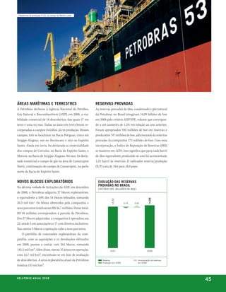 plataforma de produção p-53, no campo de marlim leste




áreaS MarÍtiMaS e terreStreS                               reServaS provadaS
A Petrobras declarou à Agência Nacional do Petróleo,       As reservas provadas de óleo, condensado e gás natural
Gás Natural e Biocombustíveis (ANP), em 2008, a via-       da Petrobras no Brasil atingiram 14,09 bilhões de boe
bilidade comercial de 18 descobertas, das quais 17 em      em 2008 pelo critério ANP/SPE, volume que correspon-
terra e uma no mar. Todas as áreas em terra foram in-      de a um aumento de 1,2% em relação ao ano anterior.
corporadas a campos vizinhos, já em produção. Desses       Foram apropriados 920 milhões de boe em reservas e
campos, três se localizam na Bacia Potiguar, cinco em      produzidos 747 milhões de boe, adicionando às reservas
Sergipe-Alagoas, um no Recôncavo e seis no Espírito        provadas da companhia 173 milhões de boe. Com essa
Santo. Ainda em terra, foi declarada a comercialidade      incorporação, o Índice de Reposição de Reservas (IRR)
dos campos de Corruíra, na Bacia do Espírito Santo, e      se manteve em 123%. Isso significa que para cada barril
Mutum, na Bacia de Sergipe-Alagoas. No mar, foi decla-     de óleo equivalente produzido no ano foi acrescentado
rado comercial o campo de gás na área de Camarupim         1,23 barril às reservas. O indicador reserva/produção
Norte, continuação do campo de Camarupim, na parte         (R/P) caiu de 19,6 para 18,9 anos.
norte da Bacia do Espírito Santo.


novoS BloCoS exploratórioS                                   evolução daS reServaS
                                                             provadaS no BraSil
Na décima rodada de licitações da ANP, em dezembro           critério spe (bilhões De boe)
de 2008, a Petrobras adquiriu 27 blocos exploratórios,
o equivalente a 50% dos 54 blocos leiloados, somando
                                                                                                       14,09
                                                                       13,92




20,3 mil km2. Os bônus oferecidos pela companhia e                                 0,75   0,92

seus parceiros totalizaram R$ 56,7 milhões. Desse total,
R$ 40 milhões correspondem à parcela da Petrobras.
Dos 27 blocos adquiridos, a companhia é operadora em
22, sendo 5 em associações e 17 com direitos exclusivos.
Nos outros 5 blocos a operação cabe a seus parceiros.
    O portfólio de concessões exploratórias da com-
panhia, com as aquisições e as devoluções efetuadas
em 2008, passou a contar com 265 blocos, somando
142,3 mil km². Além disso, outras 35 áreas em operação,               2007                            2008
com 12,7 mil km², encontram-se em fase de avaliação
de descobertas. A área exploratória atual da Petrobras          reserva                      incorporação de reservas
                                                                produção em 2008             em 2008
totaliza 155 mil km².


r e l at ó r i o a n u a l 2 0 0 8
                                                                                                                        45
 