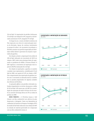 234 mil bpd. As importações de petróleo totalizaram
                                                          exportação e iMportação de derivadoS
373 mil bpd, com redução de 4,4%, enquanto as de deri-    (mil bpD)
vados aumentaram 33,1%, atingindo 197 mil bpd.
    Ao longo do ano, a maior atividade econômica do
País repercutiu nos níveis de comercialização exter-
na de derivados. Apesar do contínuo investimento                                              262
                                                                          241      246               234
no parque de refino e do incremento da produção, a         228

Petrobras manteve seu perfil de importadora de desti-
lados médios (diesel e querosene de aviação) e expor-
                                                                                                     197
tadora de gasolina.
                                                                                              148
    Em relação ao diesel, a importação foi da ordem de                             118
                                                            109
100 mil bpd, indicando um crescimento de 20,5% em                         94

relação a 2007, tendo como principais fontes de supri-
mento os produtores do Médio e Extremo Oriente. O
QAV registrou o crescimento de importação mais ex-         2004           2005     2006       2007   2008
pressivo (92,9%), totalizando 26,5 mil bpd.
    Em relação às exportações, a gasolina se mantém          importação          exportação

o produto mais representativo, contabilizando 40 mil
bpd em 2008, com queda de 31,4% em relação a 2007.
Esse comportamento das exportações de gasolina con-       exportação e iMportação de petróleo
                                                          (mil bpD)
diz com o crescimento na demanda interna e também
com as paradas programadas em algumas unidades
das refinarias da Petrobras.
    As operações offshore com petróleo e derivados rea-
lizadas integralmente no exterior alcançaram a média        450

de 552 mil bpd, 5,8% menor que a de 2007. Já a consoli-                                       390    439
                                                                                   370
dação das operações de bunker de baixo teor de enxo-                       352
                                                                                                     373
fre no noroeste da Europa elevou em 51% as vendas do
                                                                                   335        353
produto em 2008.
    novoS produtoS — A Petrobras lançou o Add                             263
Cleaner, um óleo combustível com aditivos de ação
                                                            181
dispersante e detergente. Testes nos laboratórios de
combustão do Instituto de Pesquisa Tecnológica (IPT)
do estado de São Paulo indicaram uma redução de 68%        2004           2005     2006       2007   2008

na emissão de material particulado em comparação
                                                             importação          exportação
com um óleo combustível comum. ■


r e l at ó r i o a n u a l 2 0 0 8
                                                                                                            51
 