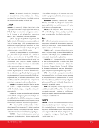 méxiCo — A Petrobras manteve sua participação           6, com 100% de participação. Em ambos foi dada conti-
em dois contratos de serviços múltiplos para a Pemex,       nuidade ao programa exploratório, atendendo aos com-
nos blocos Cuervito e Fronterizo. A produção média de       promissos contratuais.
gás natural atingiu cerca de 414 mil m3/dia.                    moçamBique — No bloco Zambezi Delta, em que a
                                                            Petrobras possui 17% de participação, segue o crono-
áFriCa                                                      grama exploratório, com a interpretação do levanta-
nigéria —   Os projetos de Agbami (bloco OML 127) e         mento sísmico realizado em 2008.
Akpo (bloco OML 130) – campos gigantes na Bacia do              senegal — A companhia detém participação de
Delta do Níger – constituem os principais investimen-       40% no bloco Rufisque Profond, em águas profundas,
tos da Petrobras no país, além do bloco exploratório        que se encontra em fase de avaliação exploratória.
OPL 315, onde a companhia atua como operadora.
    Agbami, cujo pico de produção atingirá 250 mil          ásia
bpd no início de 2010, iniciou sua produção em julho de     irã — A Petrobras cumpriu os compromissos contra-
2008. A Petrobras detém 13% de participação nos inves-      tuais com a realização de levantamentos sísmicos e
timentos do campo e participou ativamente de todas          perfuração de dois poços. Em Taftan-1 a descoberta de
as fases de desenvolvimento da produção. Em Agbami          petróleo revelou-se subcomercial.
está em operação o maior FPSO do mundo.                         turquia — Após a aquisição de dados sísmicos nos
    Akpo, que entra em produção em 2009, deverá atin-       blocos Kirklarelli e Sinop, nas partes oeste e oriental do
gir o pico de 185 mil bpd ainda este ano. A parcela da      setor turco do Mar Negro, o ano de 2008 foi dedicado à
Petrobras nos investimentos do bloco OML 130 é de           continuidade das atividades exploratórias.
20%. Ainda neste bloco foram descobertas outras três            paquistão — A companhia detém participação
acumulações: Egina, Egina Sul e Preowei. O projeto de       de 50% no bloco exploratório G, na Bacia dos Indus,
desenvolvimento de Egina encontra-se em análise pelos       no Oriente Médio, em parceria com a Oil and Gas
órgãos de controle do governo nigeriano.                    Development Company Limited. O estudo de viabilida-
    No bloco OPL 315, no qual a companhia é operadora       de técnica e econômica, em fase final, determinará a
com 45% de participação, as atividades exploratórias es-    opção de ingresso no próximo período exploratório.
tão em andamento, e a perfuração do primeiro poço está          Japão — Foi concluída a aquisição do controle da re-
prevista para 2010. A Petrobras detém ainda 37,5% de par-   finaria Nansei Sekiyu, em Okinawa, que tem capacida-
ticipação no OPL 324, onde atua como operadora, tendo       de para processar 100 mil bpd e armazenar 9,6 milhões
concluído os trabalhos exploratórios e os compromissos      de barris de derivados, além de oferecer apoio logístico
contratuais, sem perspectiva de novas descobertas.          (píeres e monobóia) para distribuição dos produtos da
    angola — Destacaram-se as descobertas de óleo           companhia no mercado asiático.
em N’Goma-1 e Sangos, confirmando o grande poten-               índia — A companhia manteve a parceria com a
cial do bloco 15/06, em que a companhia detém parti-        estatal indiana Oil and Natural Gas Corporation, via
cipação de 5%.                                              contrato de exploração e produção em três blocos ex-
    O bloco 2 na Bacia do Baixo Congo, onde a Petrobras     ploratórios na Bacia de Krishna Godavari, Mahanadi e
detém 27,5% de participação, gerou uma produção mé-         Cauvery, na costa leste do país.
dia de 2,5 mil bpd em 2008. Nos demais blocos em que a
Petrobras atua como operadora (6, 18 e 26) e participa de   europa
consórcio (34), continuam os trabalhos exploratórios.       portugal — Foram realizados investimentos em sís-
    líBia — Na área 18 do setor líbio no Mar Mediter-       micas, e os dados seguem em análise para decisão
râneo, na qual é operadora com 70% de participação, a       das atividades futuras. A companhia mantém um
Petrobras manteve o programa exploratório, realizan-        acordo que permite operar quatro blocos offshore na
do levantamentos sísmicos e interpretação geológica.        costa do país, na Bacia de Peniche, em parceria com
    tanzânia — O escritório local encontra-se em fase       as companhias portuguesas Galp Energia SGPS e
de abertura. A companhia está presente nos blocos 5 e       Partex Oil and Gas. ■


r e l at ó r i o a n u a l 2 0 0 8
                                                                                                                         85
 