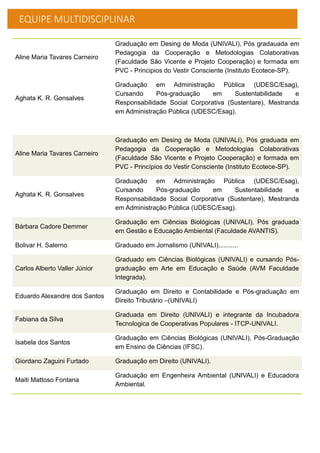 EQUIPE MULTIDISCIPLINAR
Aline Maria Tavares Carneiro
Graduação em Desing de Moda (UNIVALI), Pós gradauada em
Pedagogia da Cooperação e Metodologias Colaborativas
(Faculdade São Vicente e Projeto Cooperação) e formada em
PVC - Principios do Vestir Consciente (Instituto Ecotece-SP).
Aghata K. R. Gonsalves
Graduação em Administração Pública (UDESC/Esag),
Cursando Pós-graduação em Sustentabilidade e
Responsabilidade Social Corporativa (Sustentare), Mestranda
em Administração Pública (UDESC/Esag).
Aline Maria Tavares Carneiro
Graduação em Desing de Moda (UNIVALI), Pós graduada em
Pedagogia da Cooperação e Metodologias Colaborativas
(Faculdade São Vicente e Projeto Cooperação) e formada em
PVC - Princípios do Vestir Consciente (Instituto Ecotece-SP).
Aghata K. R. Gonsalves
Graduação em Administração Pública (UDESC/Esag),
Cursando Pós-graduação em Sustentabilidade e
Responsabilidade Social Corporativa (Sustentare), Mestranda
em Administração Pública (UDESC/Esag).
Bárbara Cadore Demmer
Graduação em Ciências Biológicas (UNIVALI), Pós graduada
em Gestão e Educação Ambiental (Faculdade AVANTIS).
Bolivar H. Salerno Graduado em Jornalismo (UNIVALI)...........
Carlos Alberto Valler Júnior
Graduado em Ciências Biológicas (UNIVALI) e cursando Pós-
graduação em Arte em Educação e Saúde (AVM Faculdade
Integrada).
Eduardo Alexandre dos Santos
Graduação em Direito e Contabilidade e Pós-graduação em
Direito Tributário –(UNIVALI)
Fabiana da Silva
Graduada em Direito (UNIVALI) e integrante da Incubadora
Tecnologica de Cooperativas Populares - ITCP-UNIVALI.
Isabela dos Santos
Graduação em Ciências Biológicas (UNIVALI), Pós-Graduação
em Ensino de Ciências (IFSC).
Giordano Zaguini Furtado Graduação em Direito (UNIVALI).
Maiti Mattoso Fontana
Graduação em Engenheira Ambiental (UNIVALI) e Educadora
Ambiental.
 