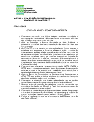 ANEXO II – XXIV REUNIÃO ORDINÁRIA (19/08/05):
           AFOGADOS DA INGAZEIRA/PE


CONCLUSÕES

              OFICINA PILA BHSF – AFOGADOS DA INGAZEIRA


     1. Estabelecer articulação dos órgãos federais, estaduais, municipais e
        representações da sociedade civil para enfrentar as demandas advindas
        dos múltiplos usos dos recursos naturais;
     2. Criar os Conselhos e Fundos Municipais de Meio Ambiente e
        estabelecer condições, tais como capacitação dos membros, para seu
        funcionamento;
     3. O CONDESP, com a parceria e a interveniência dos órgãos federais e
        estaduais aqui presentes e firmados, elaborará projeto conjunto de
        tratamento dos resíduos sólidos e erradicação dos lixões, bem como os
        de saneamento básico e modernização dos matadouros, priorizando os
        consórcios municipais, sendo as questões emergenciais (retirada de
        crianças e adolescentes dos lixões, cercamento da área para impedir o
        acesso de animais, manter vigilância para controle de entrada e saída)
        tratadas entre o representante do Ministério Público local e a respectiva
        Prefeitura Municipal;
     4. Estabelecer parcerias entre os governos municipais, INCRA, IBAMA e
        MPPE visando o monitoramento das áreas de preservação permanente
        urbanas e rurais e da reserva legal, impedindo novas ocupações e
        projetando a desocupação das áreas com uso ilegal;
     5. Celebrar Termo de Compromisso de Ajustamento de Conduta com a
        COMPESA para projetar e efetivar o tratamento dos efluentes de esgoto
        doméstico, estabelecendo prazos razoáveis;
     6. Estabelecer a integração dos órgãos educacionais com os órgãos
        ambientais com vistas à transversalidade da educação ambiental.
     7. Realizar ações de controle dos principais poluentes ambientais nos
        municípios das bacias do Moxotó e Pajeú (tais como o excesso de
        manganês e presença de agrotóxicos);
     8. Estabelecer a integração dos órgãos ambientais no sentido de promover
        a criação e implementação de unidades de conservação e projetos de
        manejo sustentável da caatinga nas bacias do Moxotó e Pajeú;
     9. Pleitear a instalação de uma unidade avançada do IBAMA na bacia do
        Alto Pajeú e Moxotó;
 