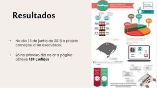 Resultados
• No dia 15 de junho de 2015 o projeto
começou a ser executado.
• Só no primeiro dia no ar a página
obteve 189 curtidas
 
