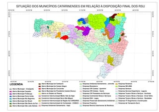 LEGENDA
Aterro Municipal - Irineópolis
Aterro Municipal Caçador
Aterro Municipal Fraiburgo
Aterro Municipal Porto União
Aterro Municipal Rio Negrinho
Aterro Municipal Sul Brasil
Aterro Municipal São Bento do Sul
Aterro Municipal São João Batista
Aterro Municipal de Camboriú
Aterro Municipal de Campo Alegre
Aterro Municipal de Concórdia
Aterro Municipal de Presidente Castelo Branco
Aterro no Estado do Paraná
Consórcio Intermunicipal Médio Vale do Itajaí
Consórcio Intermunicipal Serra São Miguel
Consórcio Intermunicipal da Região Sul CIRSURES
Consórcio Intermunicipal do Contestado - COINCO
Empresa Ambiental Saneamento - Itajaí
Empresa Ambiental Saneamento - Joinville
Empresa Blumeterra
Empresa CRI Coletas - Ipumirim
Empresa CRI Coletas - Xaxim
Empresa CW Prestadora de Serviços
Empresa Continental Obras e Serviços
Empresa ESA - Lages
Empresa Preservale Saneamento Ambiental
Empresa Proactiva
Empresa Recicle Catarinense de Resíduos
Empresa Ronetran
Empresa SELUMA
Empresa Santech
Empresa Serrana Engenharia - Laguna
Empresa Tucano Obras e Seviços - Anchieta
Empresa Tucano Obras e Seviços - Erval Velho
Empresa Tucano Obras e Seviços - Saudades
Empresa VT Engenharia e Construções
Empresa de Transporte Serni
Ü0 50 100 150 20025
Kilometers
SITUAÇÃO DOS MUNICÍPIOS CATARINENSES EM RELAÇÃO A DISPOSIÇÃO FINAL DOS RSU
Lages
Mafra
Taió
Itaiópolis
Urubici
São Joaquim
Joinville
Capão Alto
Painel
Água Doce Caçador
Campos Novos
Canoinhas
Bom Retiro
Santa Cecília
Imaruí
Curitibanos
Calmon
Concórdia
Irani
Lebon Régis
Abelardo Luz
Porto União
Apiúna
Orleans
Chapecó
Rio Negrinho
Garuva
Papanduva
Itá
Indaial
Otacílio Costa
Laguna
Itajaí
Içara
Irineópolis
Angelina
Fraiburgo
Anitápolis
Ponte Alta
Corupá
Videira
Campo Belo do Sul
Florianópolis
Gaspar
Seara
Blumenau
Correia Pinto
Palhoça
Tangará
Passos Maia
São José do Cerrito
Xaxim
Alfredo Wagner
Biguaçu
Ilhota
Vargem
Araquari
Xanxerê
Santa Terezinha
Bom Jardim da Serra
Major Vieira
Ouro
Campo Erê
Timbó Grande
Turvo
Itapoá
Palmitos
Anita Garibaldi
Tijucas
Ponte Serrada
Monte Castelo
Ipuaçu
Urupema
Três Barras
Tubarão
Paulo Lopes
Rio dos Cedros
Ipira
Rio do Campo
Jaraguá do Sul
Campo Alegre
Matos Costa
Brusque
Bocaina do Sul
Botuverá
Cerro Negro
Caibi
São Bonifácio
Palmeira
Ibirama
Nova Trento
Grão Pará
José Boiteux
Brunópolis
Ituporanga
Jaguaruna
Aurora
Macieira
Mirim Doce
Zortéa
Araranguá
Quilombo
Palma Sola
Ipumirim
Descanso
Guaraciaba
São Bento do Sul
Salete
Itapiranga
Capinzal
Jaborá Joaçaba
Vitor Meireles
Rio Rufino
Petrolândia
Ibiam
Mondaí
Vidal Ramos
Lontras
Criciúma
Benedito Novo
Anchieta
Luiz Alves
Rio Fortuna
Timbé do Sul
Meleiro
Jacinto Machado
Massaranduba
Rio do Sul
Siderópolis
São Francisco do Sul
Riqueza
Ibicaré
Paraíso
Doutor Pedrinho
Guaramirim
Rio das Antas
Águas Mornas
Pouso Redondo
Urussanga
Camboriú
Nova Veneza
Xavantina
Lauro Muller
Treviso
Imbituba
Praia Grande
Pomerode
Irati
Timbó
Ponte Alta do Norte
Saudades
Vargem Bonita
Dionísio Cerqueira
Major Gercino
Vargeão
Gravatal
Guatambú
Saltinho
Rio do Oeste
Romelândia
Cunha Porã
Erval Velho
Rodeio
Armazém
Imbuia
Maravilha
Piratuba
Paial
Galvão
Sombrio
Jupiá
Abdon Batista
São Martinho
Arabutã
Guabiruba
São Cristovão do Sul
Catanduvas
Ouro Verde
Iomerê
São José
Presidente Getúlio
Treze Tílias
Monte Carlo
Antônio Carlos
Celso Ramos
Coronel Freitas
Iraceminha
Forquilhinha
Herval d'Oeste
São José do Cedro
Ascurra
Luzerna
Dona Emma
São Carlos
Tunápolis Iporã do Oeste
Witmarsum
Frei Rogério
Peritiba
Modelo
Marema
Ermo
Garopaba
Atalanta
Sangão
Belmonte
Princesa
Penha
Porto Belo
Guarujá do Sul Bela Vista do Toldo
São Domingos
Leoberto Leal
Agrolândia
Morro Grande
Faxinal dos Guedes
Rancho Queimado
São Lourenço do Oeste
Canelinha
Braço do Norte
Schroeder
Lindóia do Sul
São João Batista
Santo Amaro da Imperatriz
Presidente Nereu
Bandeirante
Barra Velha
Sul Brasil
Treze de Maio
São Miguel do Oeste
São João do Sul
Pinhalzinho
Agronômica
Pedras Grandes
Entre Rios
Santa Rosa de Lima
Arvoredo
Novo Horizonte
Navegantes
São Bernardino
Serra Alta
Nova Itaberaba
São João do Oeste
Caxambu do Sul
Salto Veloso
Balneário Gaivota
São Ludgero
Santa Rosa do Sul
Arroio Trinta
Barra Bonita
Laurentino
Itapema
São João do Itaperiú
Águas de Chapecó
Alto Bela Vista
Maracajá
Coronel Martins
Tigrinhos
Formosa do Sul
Águas Frias
Trombudo Central
União do Oeste
Santa Helena
Passo de Torres
São Pedro de Alcântara
Cunhataí
Jardinópolis
Bom Jesus
Cocal do Sul
Cordilheira Alta
Chapadão do Lageado
Balneário Piçarras
Lacerdópolis
Balneário Barra do Sul
Morro da Fumaça
Santiago do Sul
Pinheiro Preto
Braço do Trombudo
Governador Celso Ramos
Nova Erechim
Planalto Alegre
Flor do Sertão
Lajeado Grande
Santa Terezinha do Progresso
Balneário Arroio do Silva
Bom Jesus do Oeste
Bombinhas
Capivari de Baixo
São Miguel da Boa Vista
Presidente Castello Branco
Balneário Camboriú
48°0'0"W
48°0'0"W
49°0'0"W
49°0'0"W
50°0'0"W
50°0'0"W
51°0'0"W
51°0'0"W
52°0'0"W
52°0'0"W
53°0'0"W
53°0'0"W
54°0'0"W
54°0'0"W
55°0'0"W
55°0'0"W
47°0'0"W
26°0'0"S
26°0'0"S
27°0'0"S
27°0'0"S
28°0'0"S
28°0'0"S
29°0'0"S
29°0'0"S
 