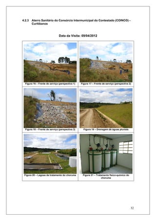 32
4.2.3 Aterro Sanitário do Consórcio Intermunicipal do Contestado (COINCO) -
Curitibanos
Data da Visita: 09/04/2012
Figura 16 – Frente de serviço (perspectiva 1) Figura 17 – Frente de serviço (perspectiva 2)
Figura 18 – Frente de serviço (perspectiva 3) Figura 19 – Drenagem de águas pluviais
Figura 20 – Lagoas de tratamento do chorume Figura 21 – Tratamento físico-químico do
chorume
 