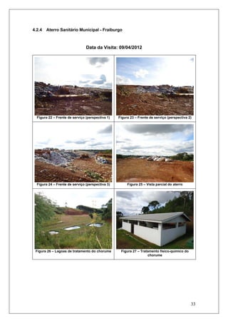 33
4.2.4 Aterro Sanitário Municipal - Fraiburgo
Data da Visita: 09/04/2012
Figura 22 – Frente de serviço (perspectiva 1) Figura 23 – Frente de serviço (perspectiva 2)
Figura 24 – Frente de serviço (perspectiva 3) Figura 25 – Vista parcial do aterro
Figura 26 – Lagoas de tratamento do chorume Figura 27 – Tratamento físico-químico do
chorume
 
