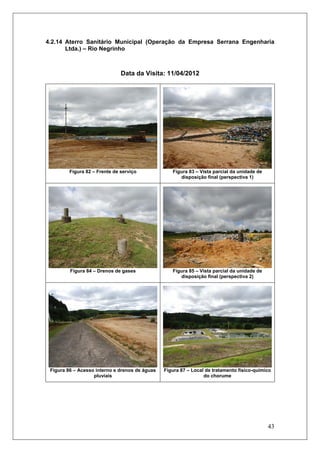 43
4.2.14 Aterro Sanitário Municipal (Operação da Empresa Serrana Engenharia
Ltda.) – Rio Negrinho
Data da Visita: 11/04/2012
Figura 82 – Frente de serviço Figura 83 – Vista parcial da unidade de
disposição final (perspectiva 1)
Figura 84 – Drenos de gases Figura 85 – Vista parcial da unidade de
disposição final (perspectiva 2)
Figura 86 – Acesso interno e drenos de águas
pluviais
Figura 87 – Local de tratamento físico-químico
do chorume
 