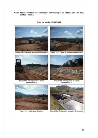 51
4.2.22 Aterro Sanitário do Consórcio Intermunicipal do Médio Vale do Itajaí
(CIMVI) – Timbó
Data da Visita: 12/04/2012
Figura 130 – Frente de serviço (perspectiva 1) Figura 131 – Frente de serviço (perspectiva 2)
Figura 132 – Vista parcial do aterro
(perspectiva 1)
Figura 133 – Vista parcial do aterro
(perspectiva 2)
Figura 134 – Vista geral do aterro Figura 135 – Tratamento biológico do chorume
 