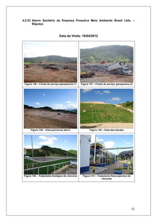 52
4.2.23 Aterro Sanitário da Empresa Proactiva Meio Ambiente Brasil Ltda. –
Biguaçu
Data da Visita: 16/04/2012
Figura 136 – Frente de serviço (perspectiva 1) Figura 137 – Frente de serviço (perspectiva 2)
Figura 138 – Vista parcial do aterro Figura 139 – Vista dos taludes
Figura 140 – Tratamento biológico do chorume Figura 141 – Tratamento físico-químico do
chorume
 